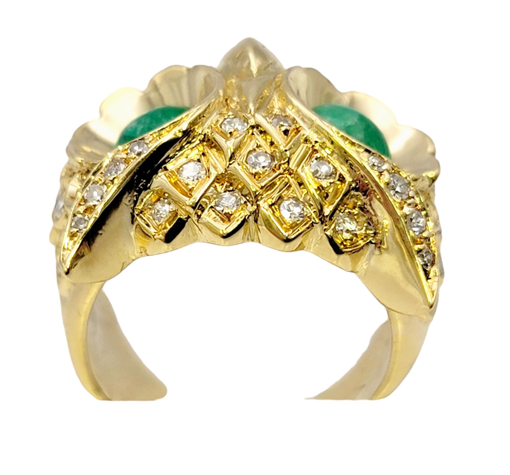 Diamond Embellished Owl Ring with Cabochon Emerald Eyes in 14 Karat Yellow Gold In Good Condition For Sale In Scottsdale, AZ