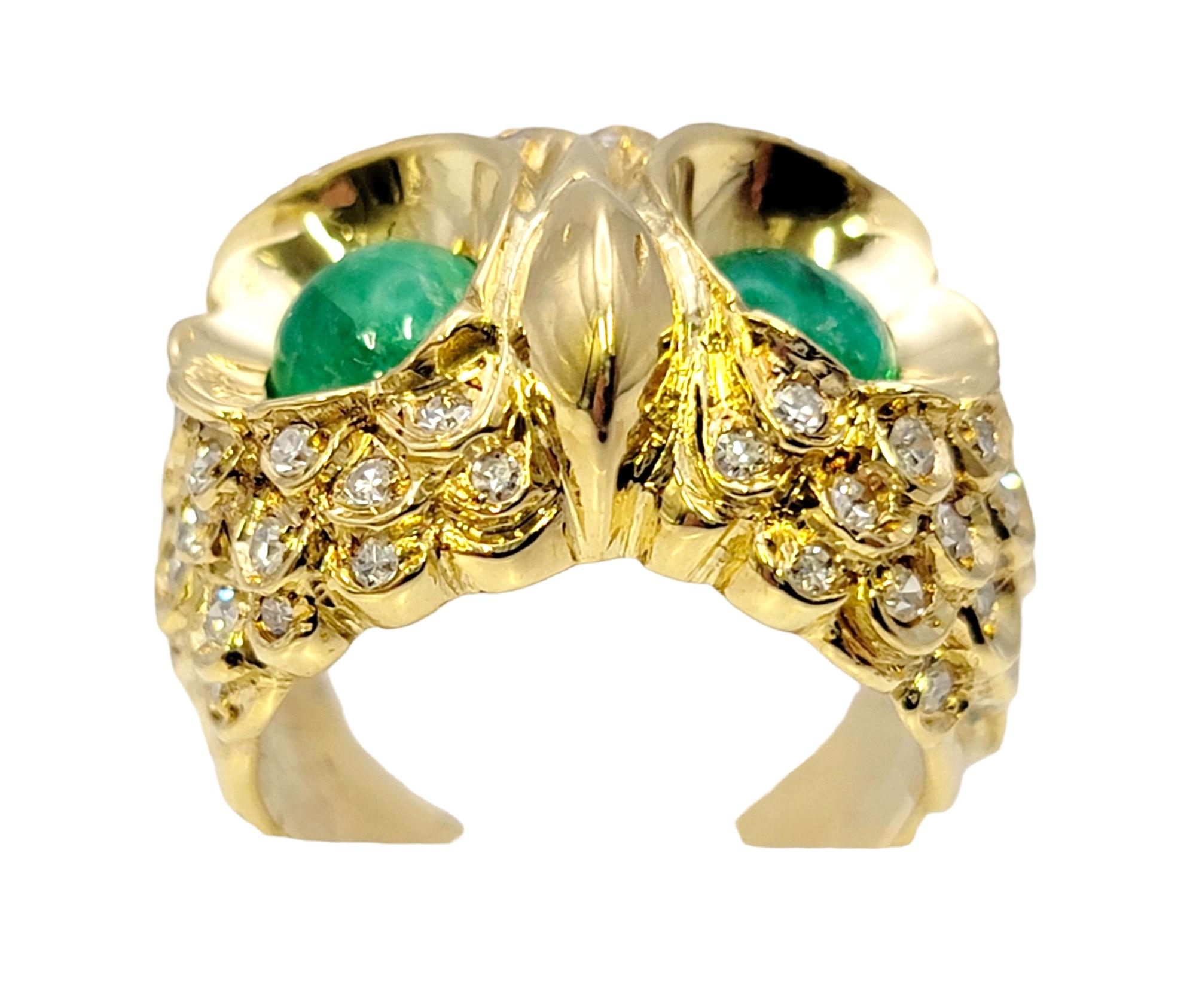 Women's or Men's Diamond Embellished Owl Ring with Cabochon Emerald Eyes in 14 Karat Yellow Gold For Sale