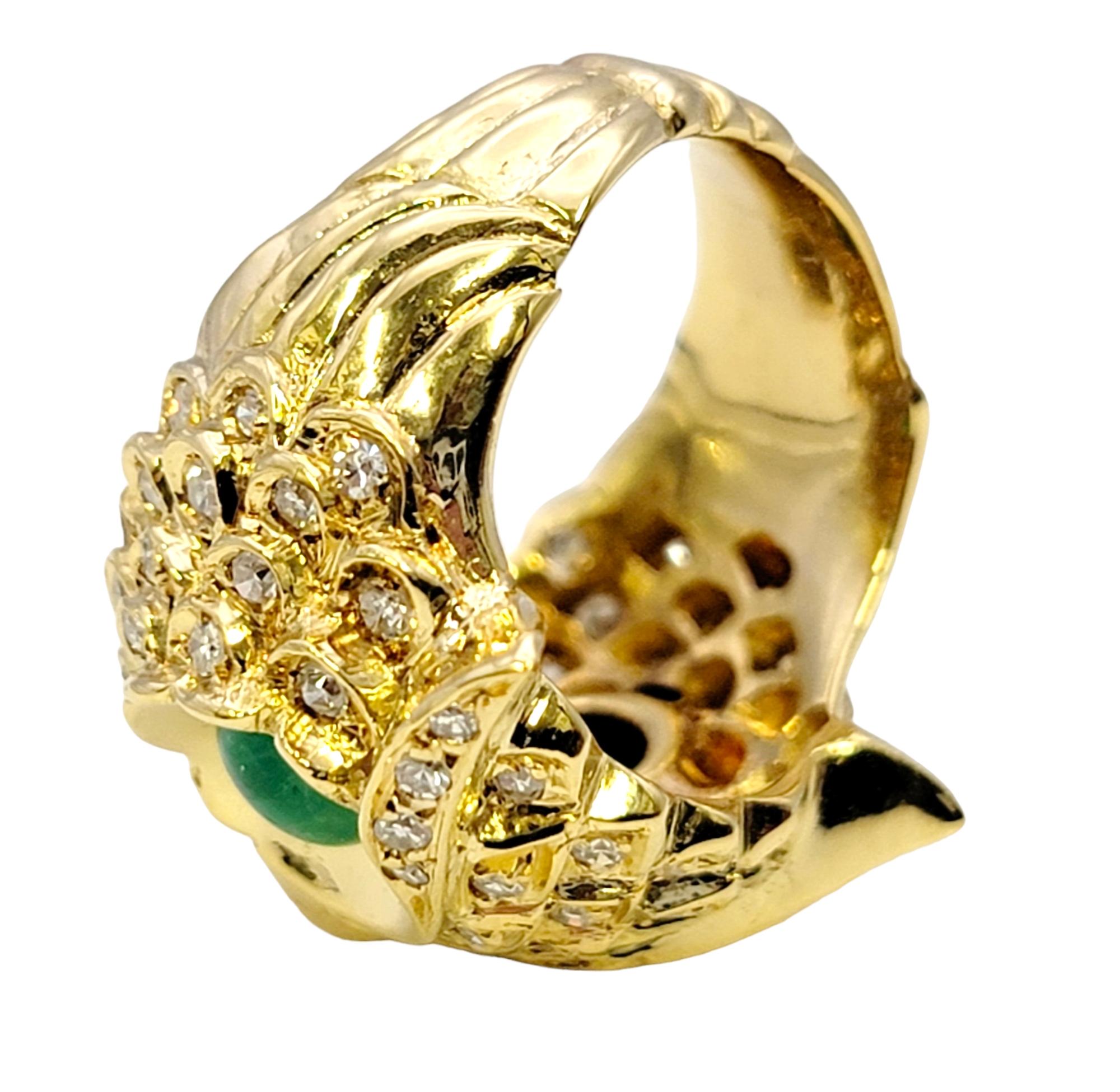 Diamond Embellished Owl Ring with Cabochon Emerald Eyes in 14 Karat Yellow Gold For Sale 1