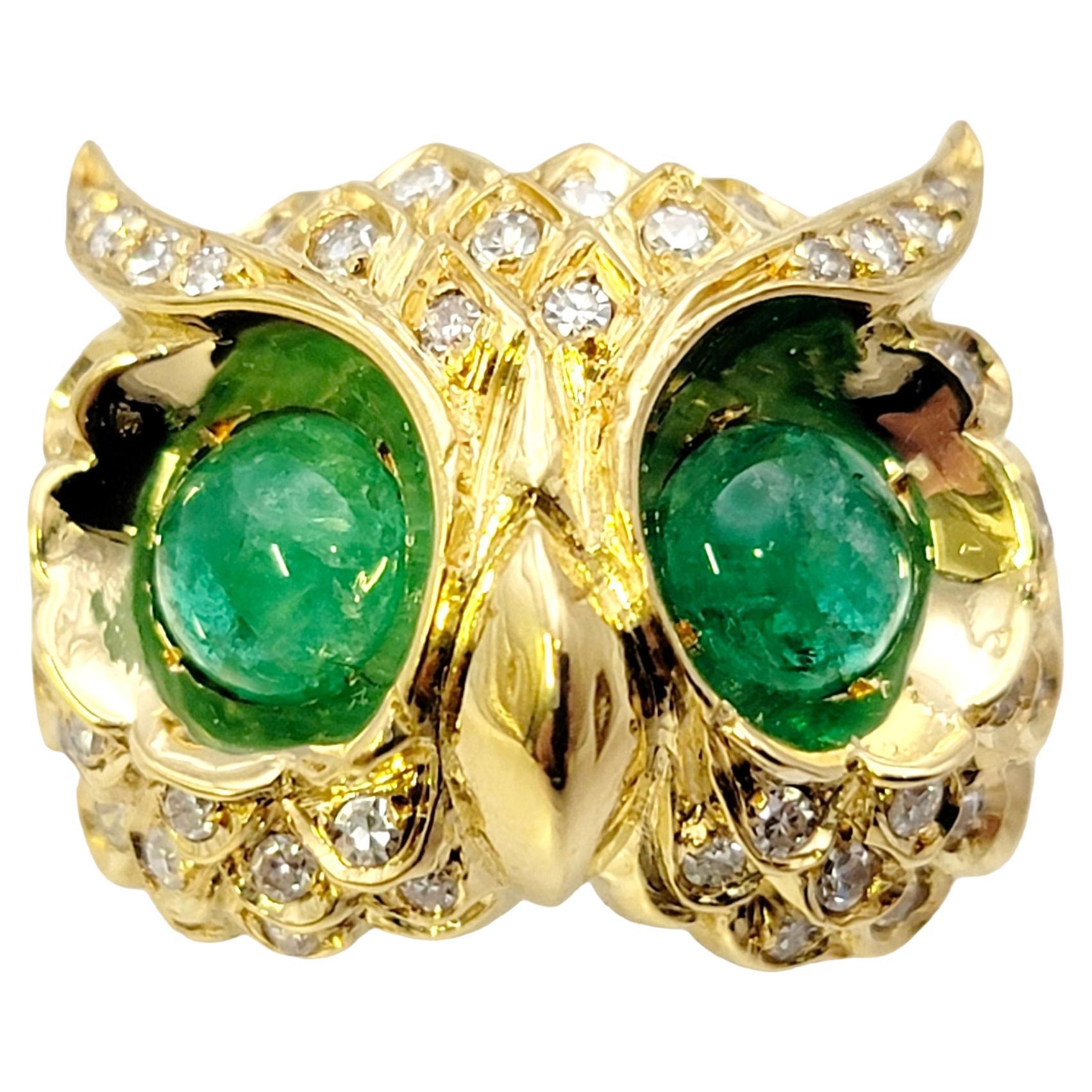 Diamond Embellished Owl Ring with Cabochon Emerald Eyes in 14 Karat Yellow Gold For Sale
