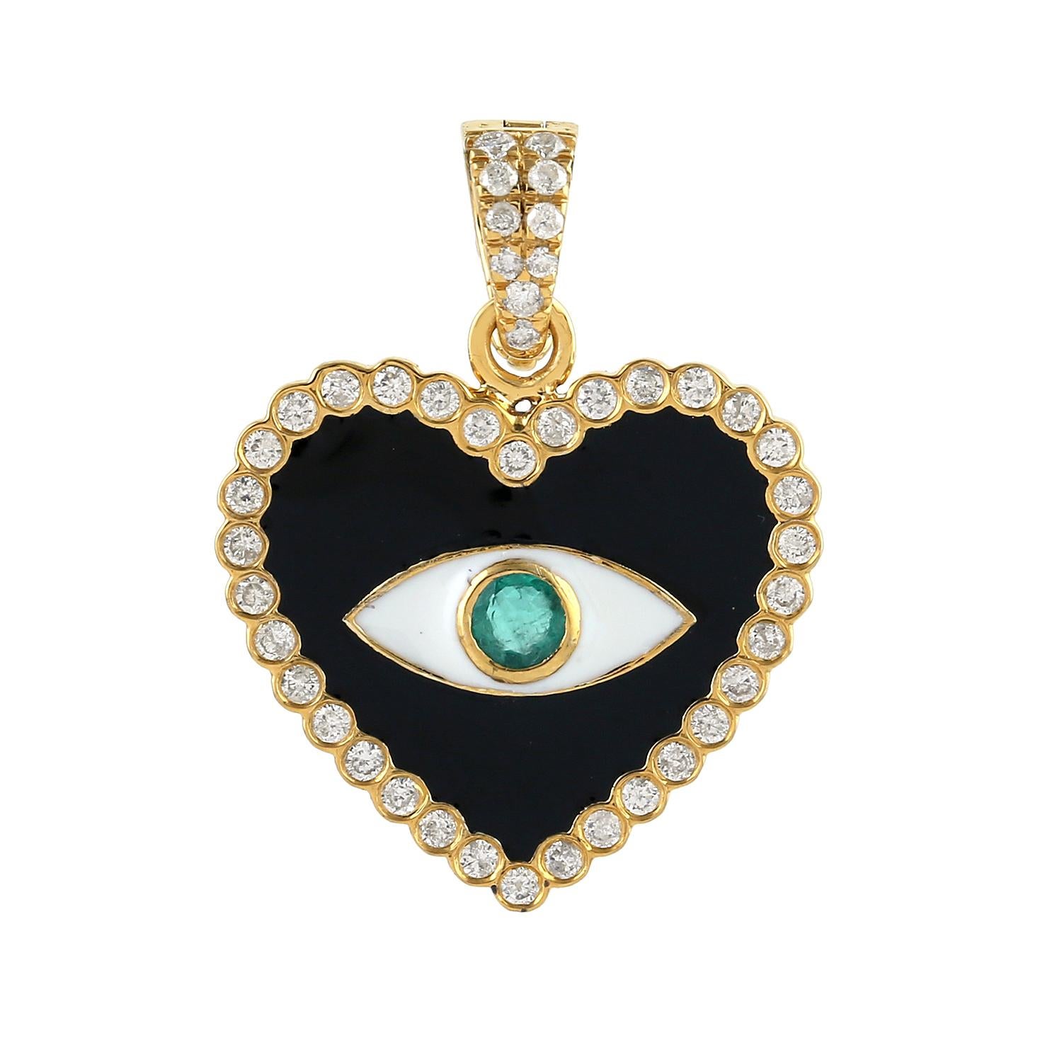 Diamant Smaragd 14 Karat Gold Evil Eye Heart Charm Anhänger Halskette (Gemischter Schliff) im Angebot