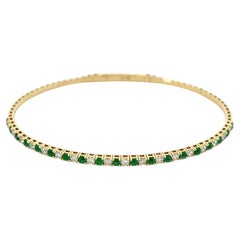 Diamond Emerald 14 Karat Yellow Gold Bangle Bracelet