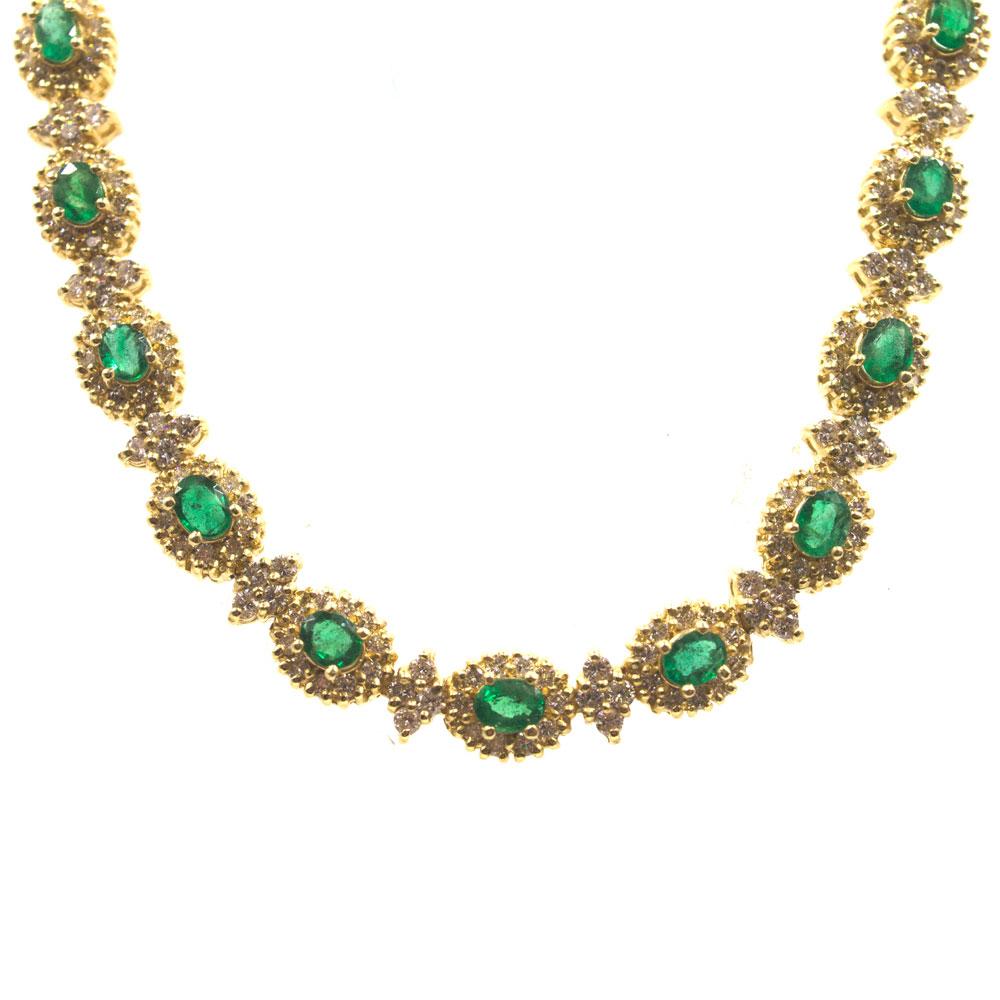 Modern Diamond Emerald 14 Karat Yellow Gold Link Necklace
