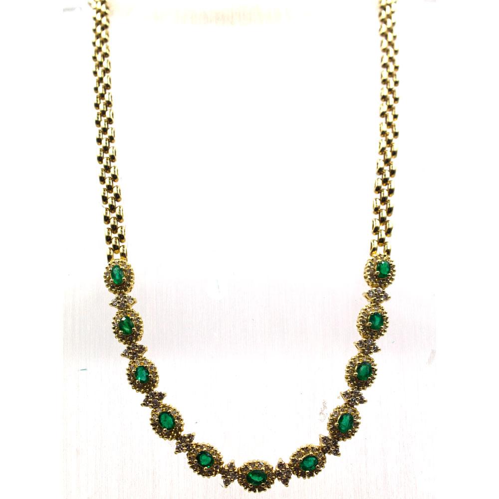 Round Cut Diamond Emerald 14 Karat Yellow Gold Link Necklace