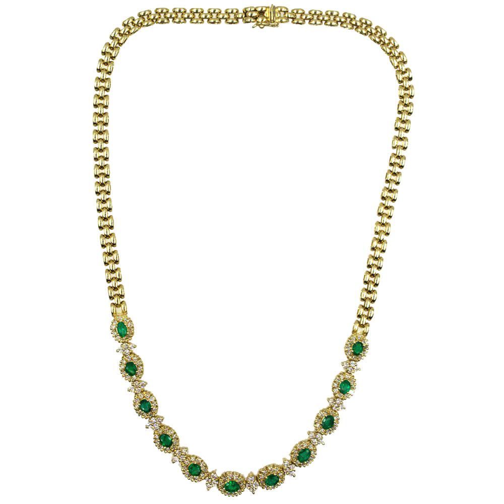 Diamond Emerald 14 Karat Yellow Gold Link Necklace