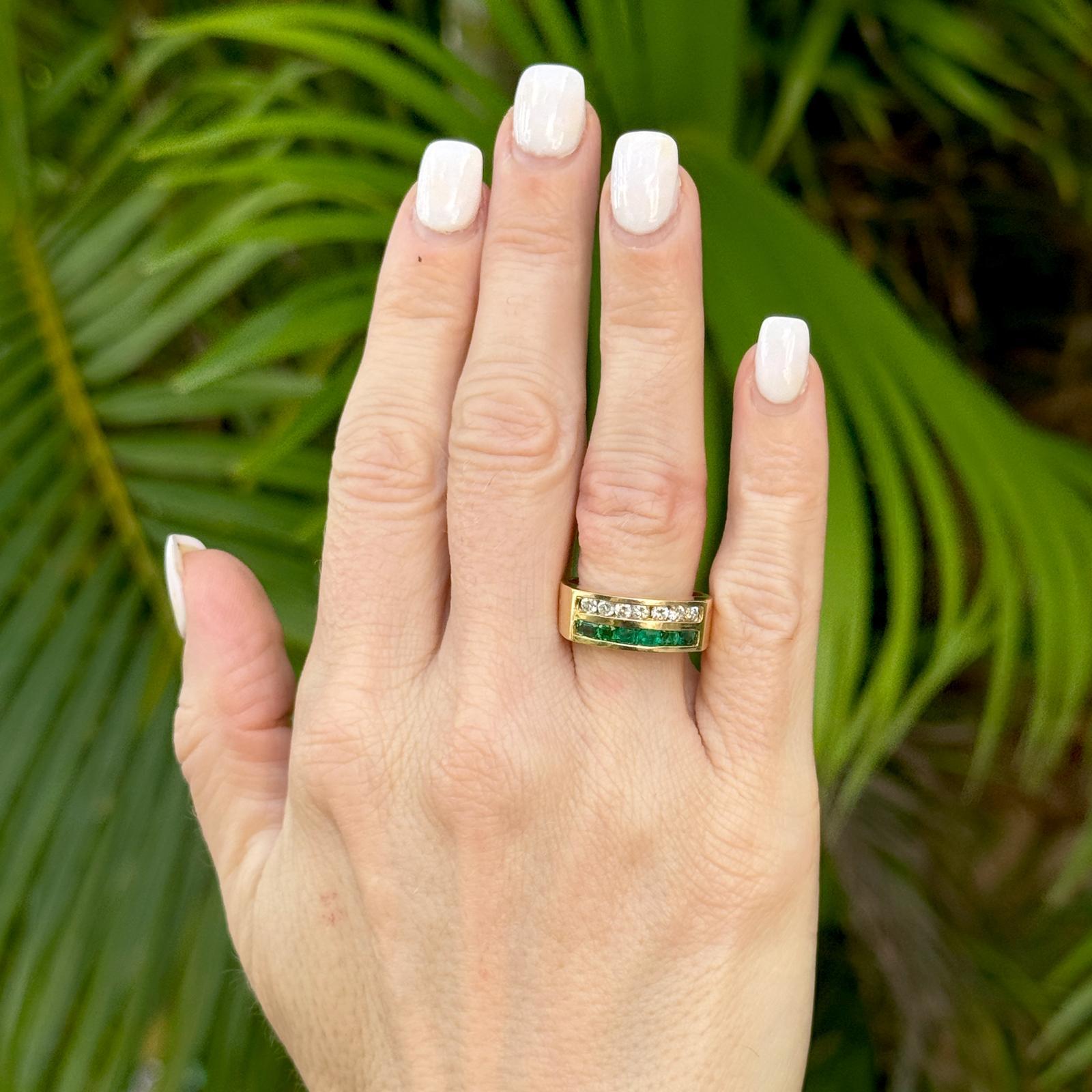 Modern Diamond Emerald 18 Karat Yellow Gold Channel Set Band Ring