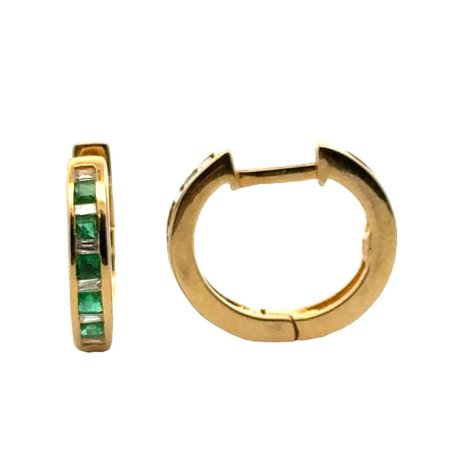 Baguette Cut Diamond & Emerald 18 Karat Yellow Gold Hoop Earrings