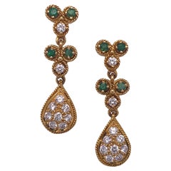 Diamond Emerald 18 Karat Yellow Gold Teardrop Drop Earrings