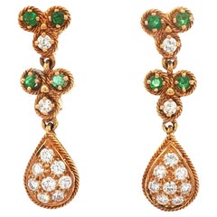 Diamond Emerald 18 Karat Yellow Gold Teardrop Vintage Earrings