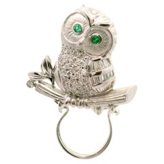 Diamond Emerald 18K White Gold Owl Brooch-Pendant