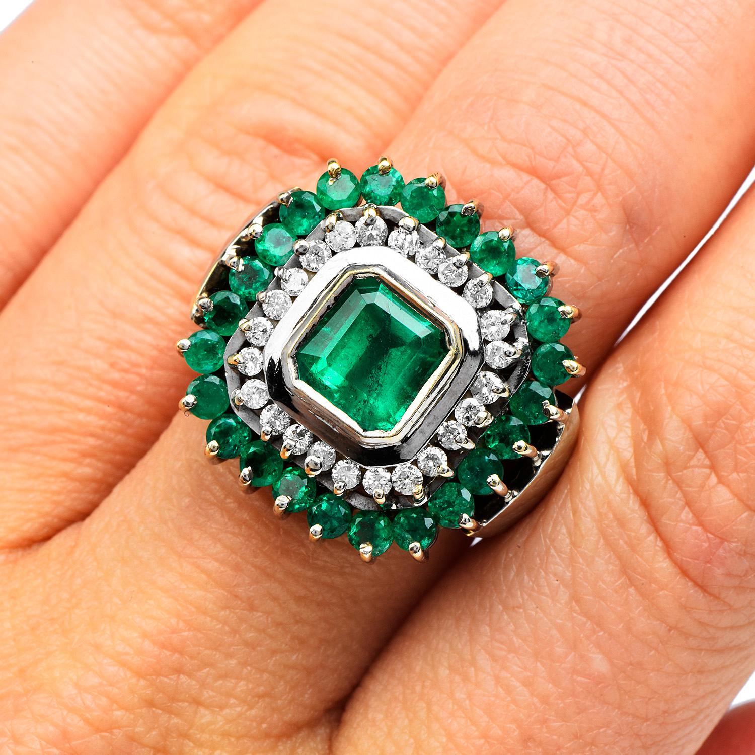 Diamond Emerald 18K White Gold Square Halo Cocktail Ring In Excellent Condition In Miami, FL