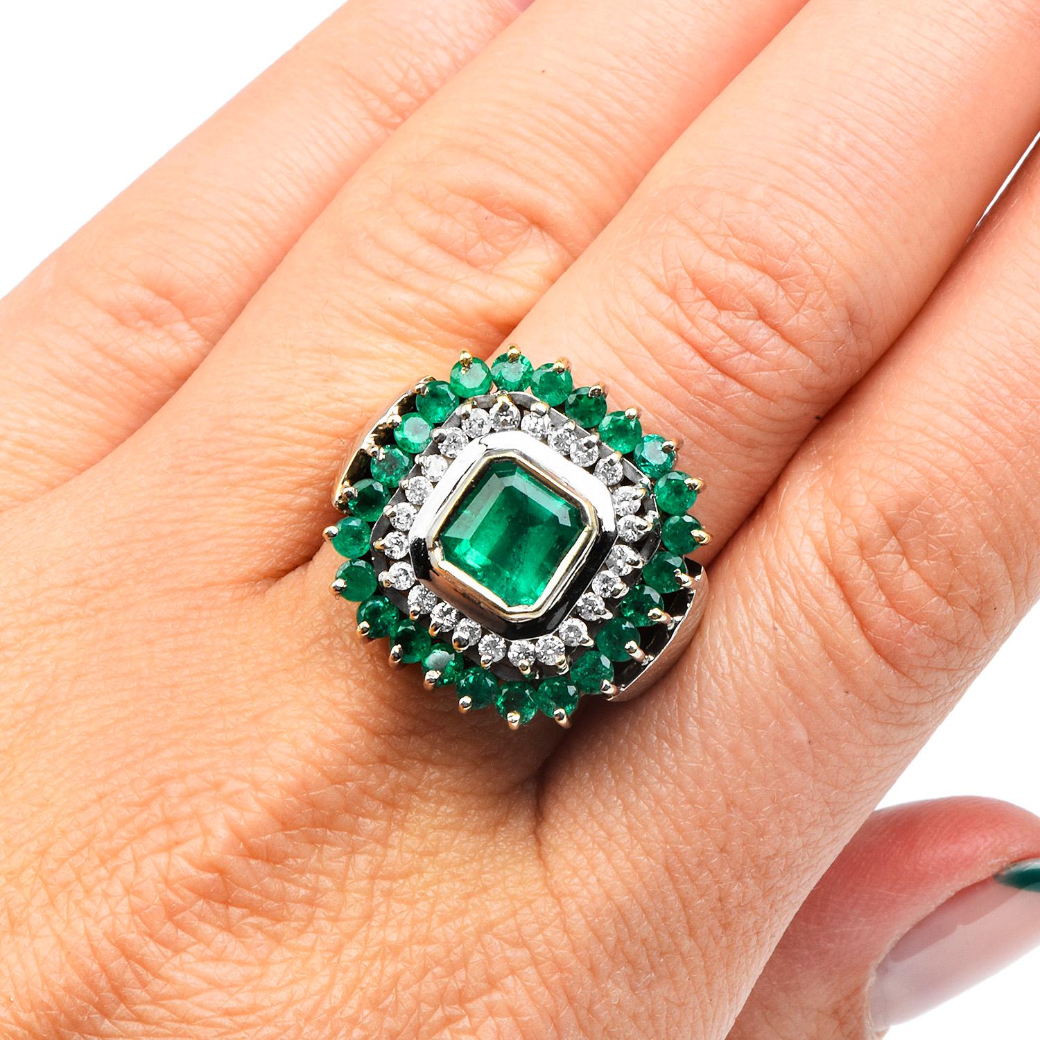 Women's or Men's Diamond Emerald 18K White Gold Square Halo Cocktail Ring
