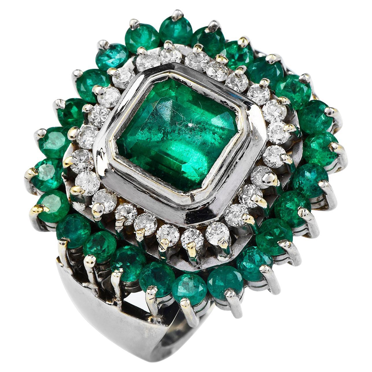Diamond Emerald 18K White Gold Square Halo Cocktail Ring