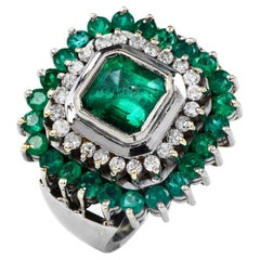 Diamond Emerald 18K White Gold Square Halo Cocktail Ring