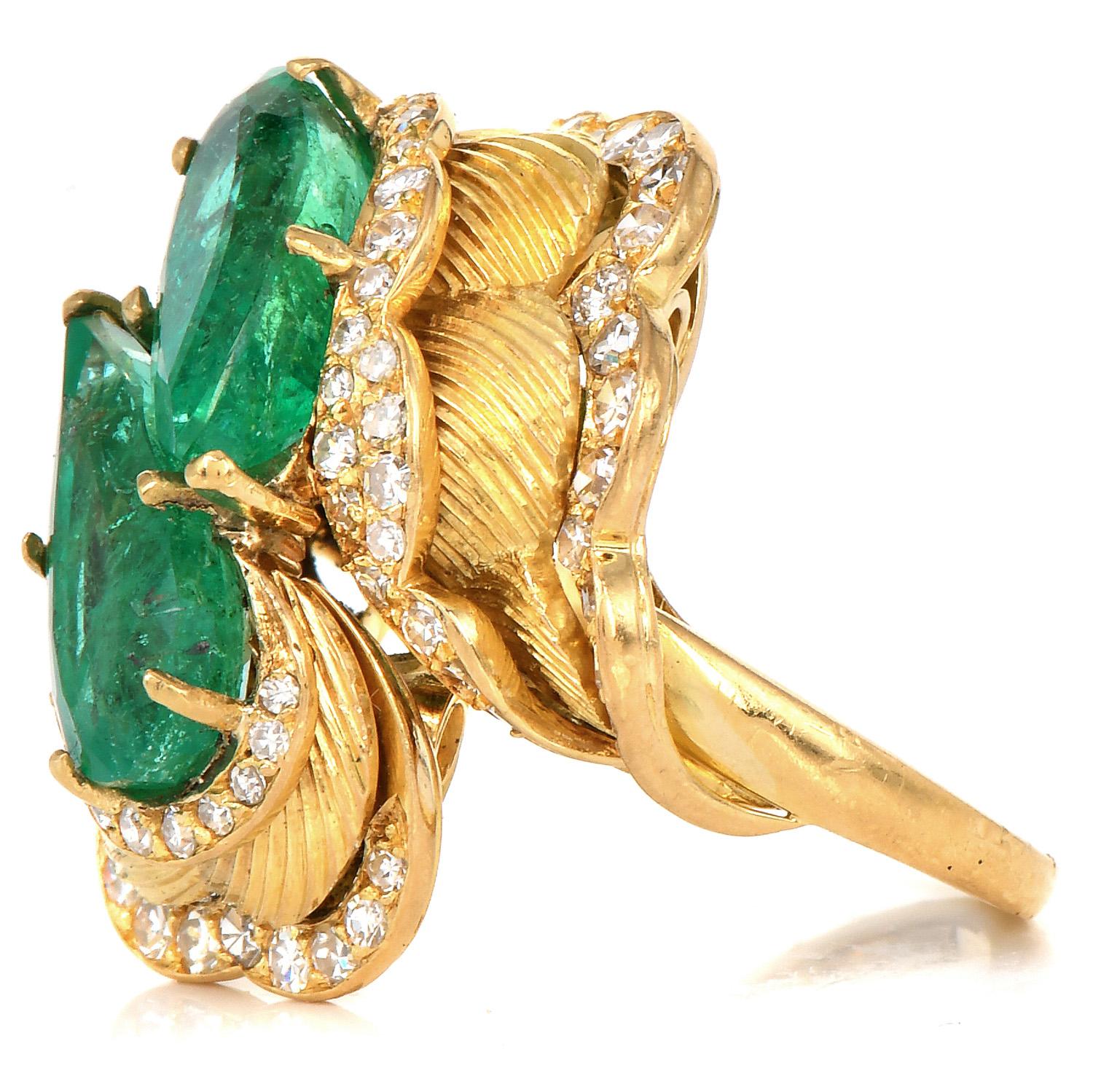 Pear Cut Diamond Emerald 18K Yellow Gold Bypass Textured Flower Cocktail Ring
