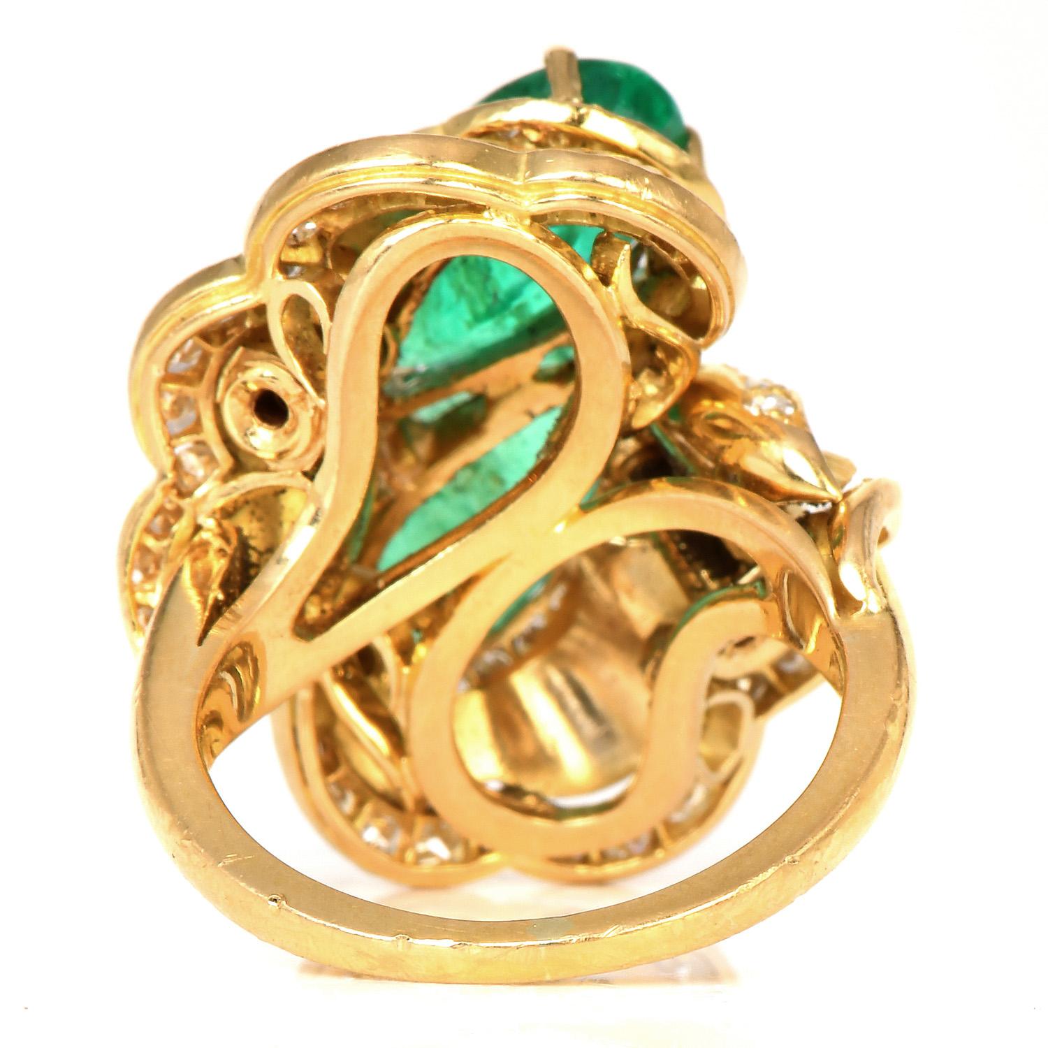 Diamond Emerald 18K Yellow Gold Bypass Textured Flower Cocktail Ring 1
