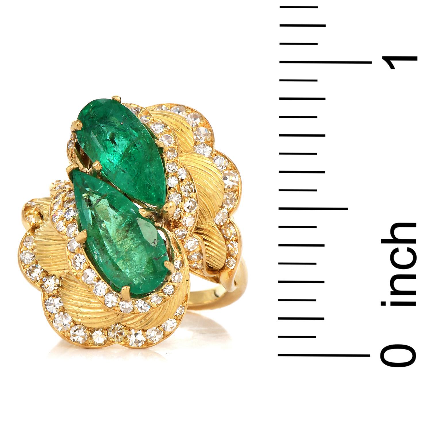 Diamond Emerald 18K Yellow Gold Bypass Textured Flower Cocktail Ring 2