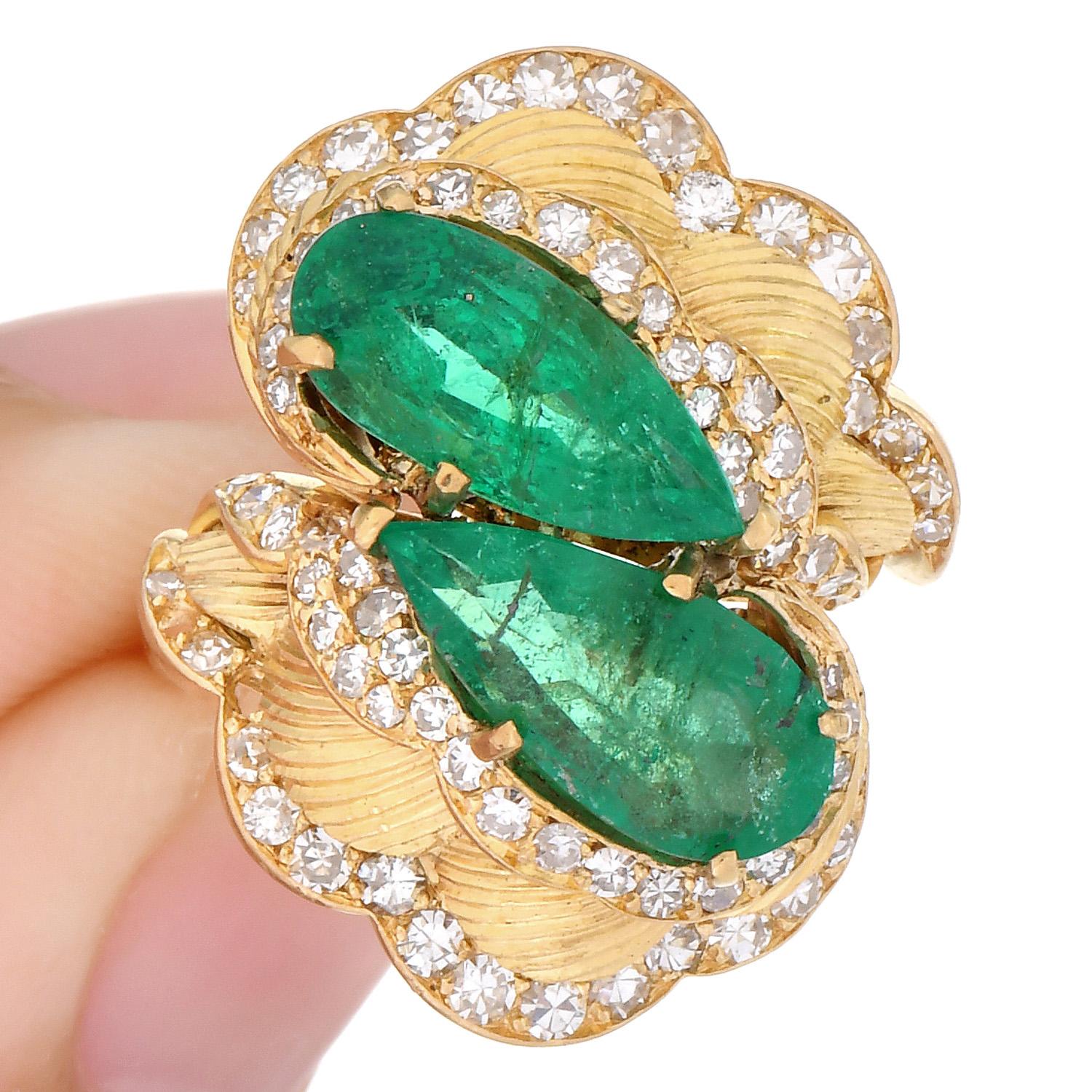 Diamond Emerald 18K Yellow Gold Bypass Textured Flower Cocktail Ring 4