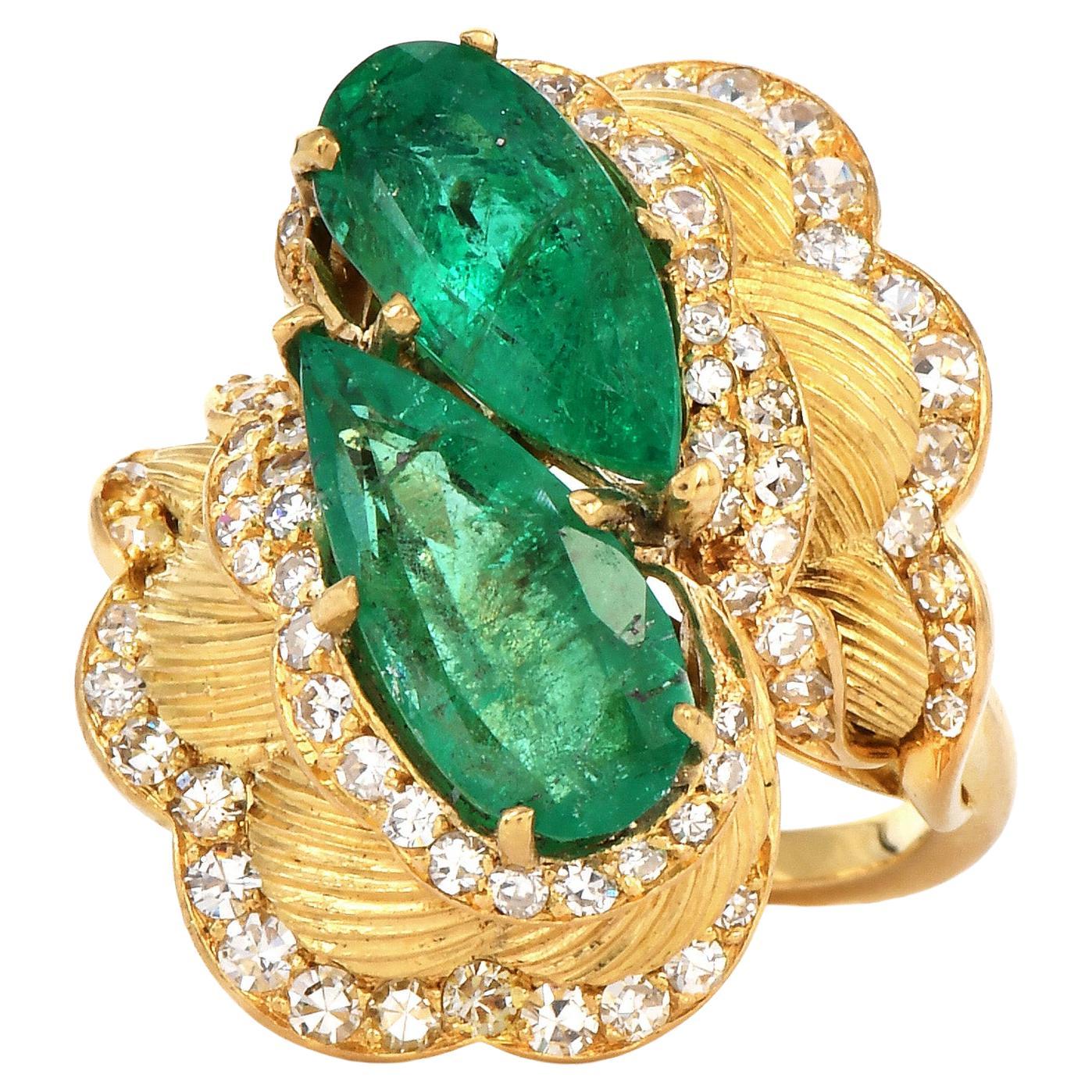 Diamond Emerald 18K Yellow Gold Bypass Textured Flower Cocktail Ring