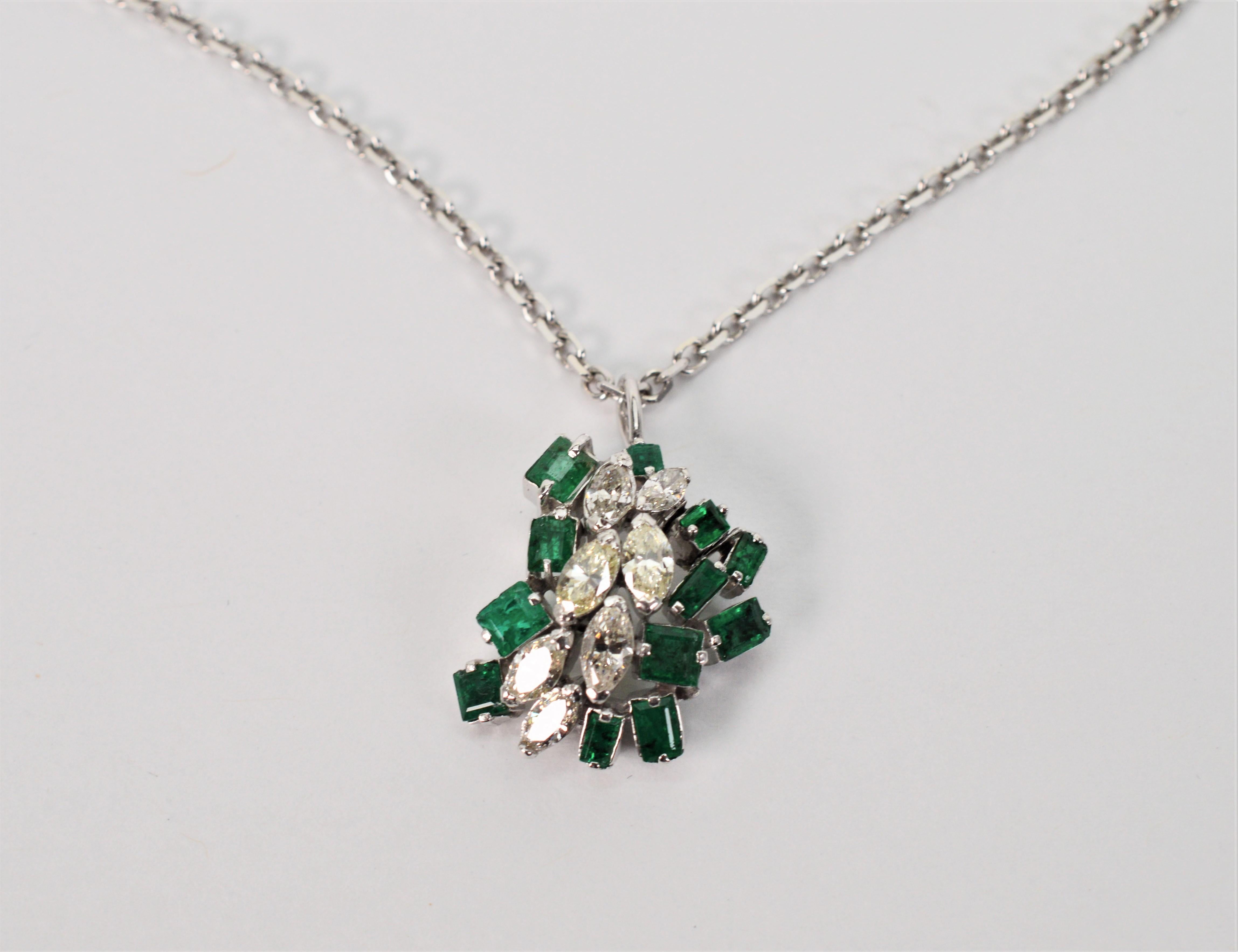 Mixed Cut Diamond Emerald Abstract Cluster 14 Karat White Gold Pendant Necklace For Sale