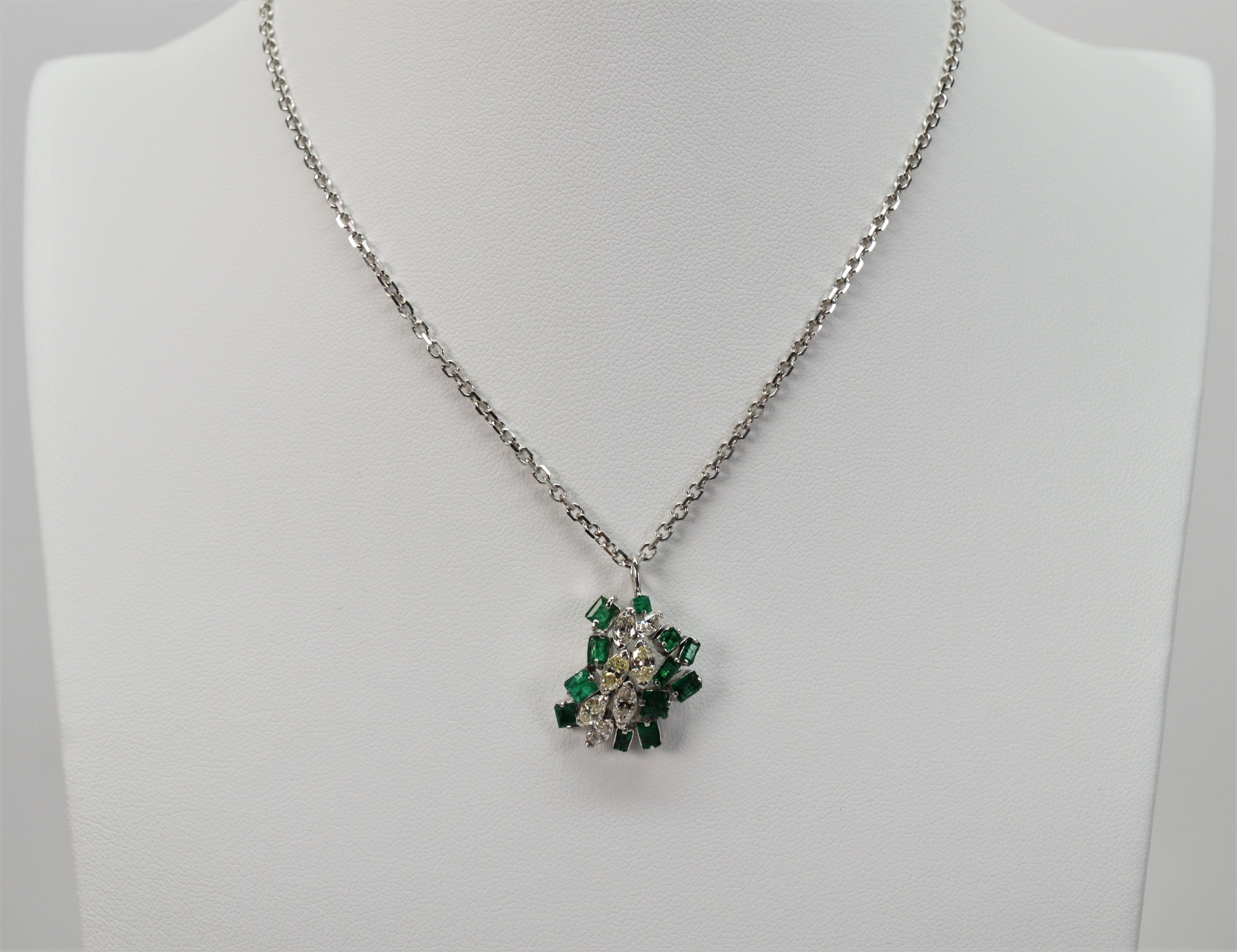 Diamond Emerald Abstract Cluster 14 Karat White Gold Pendant Necklace In New Condition For Sale In Mount Kisco, NY