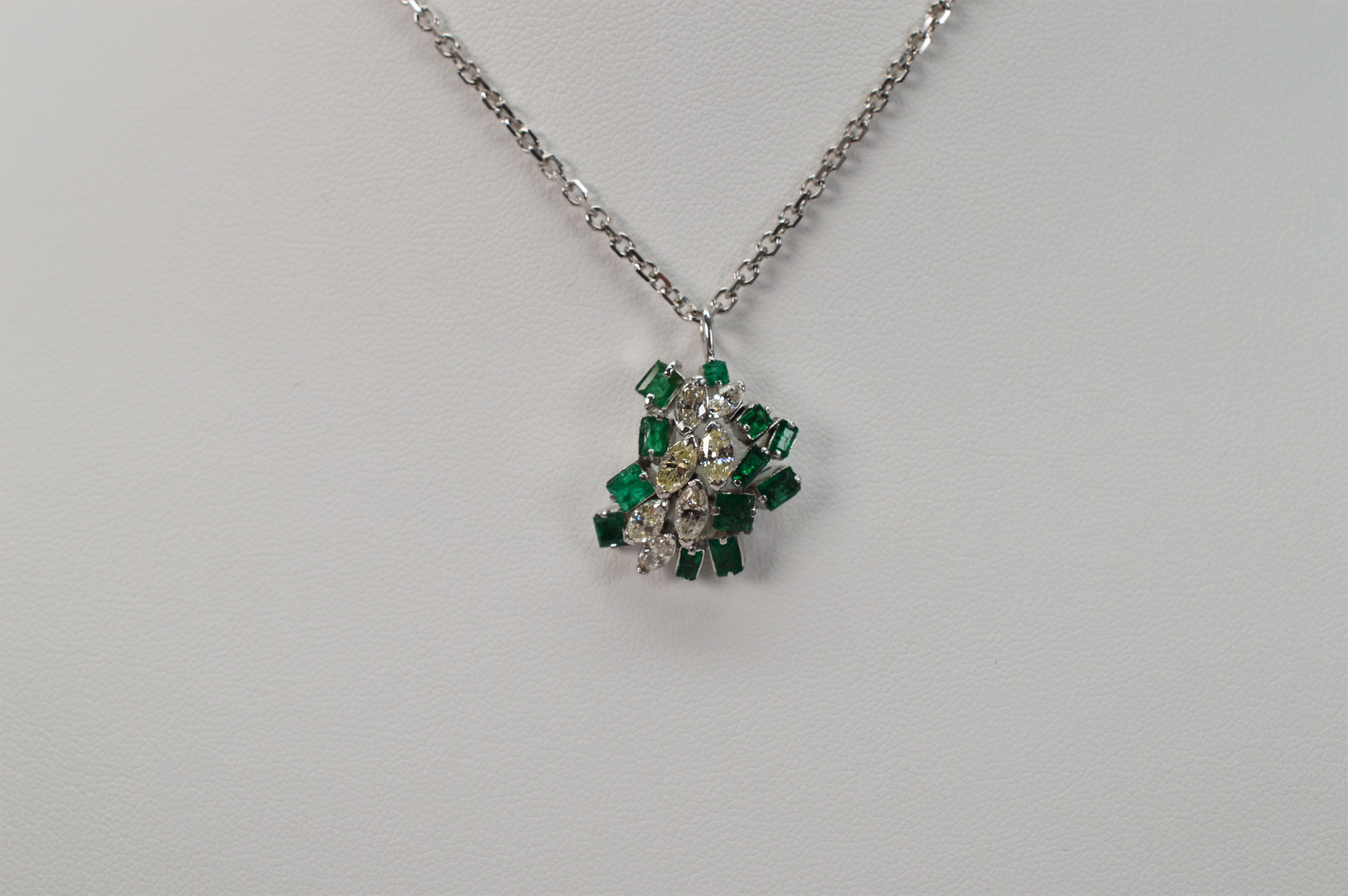 Diamond Emerald Abstract Cluster 14 Karat White Gold Pendant Necklace For Sale 3