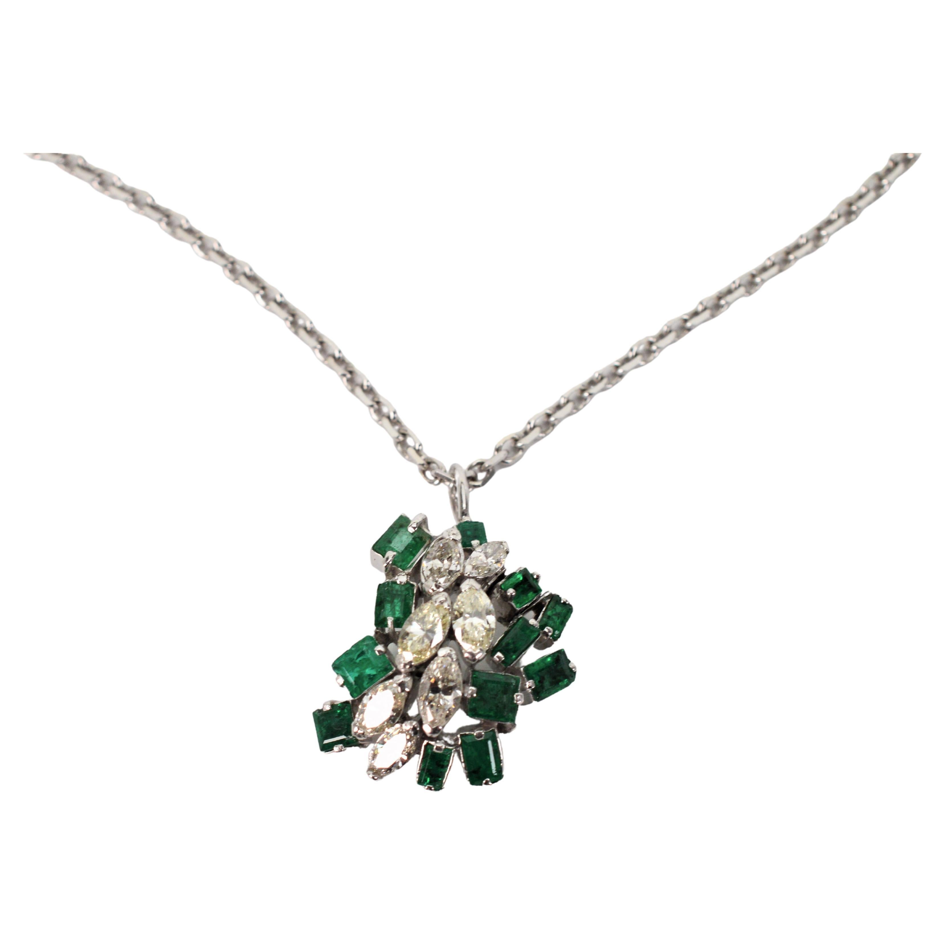 Diamond Emerald Abstract Cluster 14 Karat White Gold Pendant Necklace For Sale