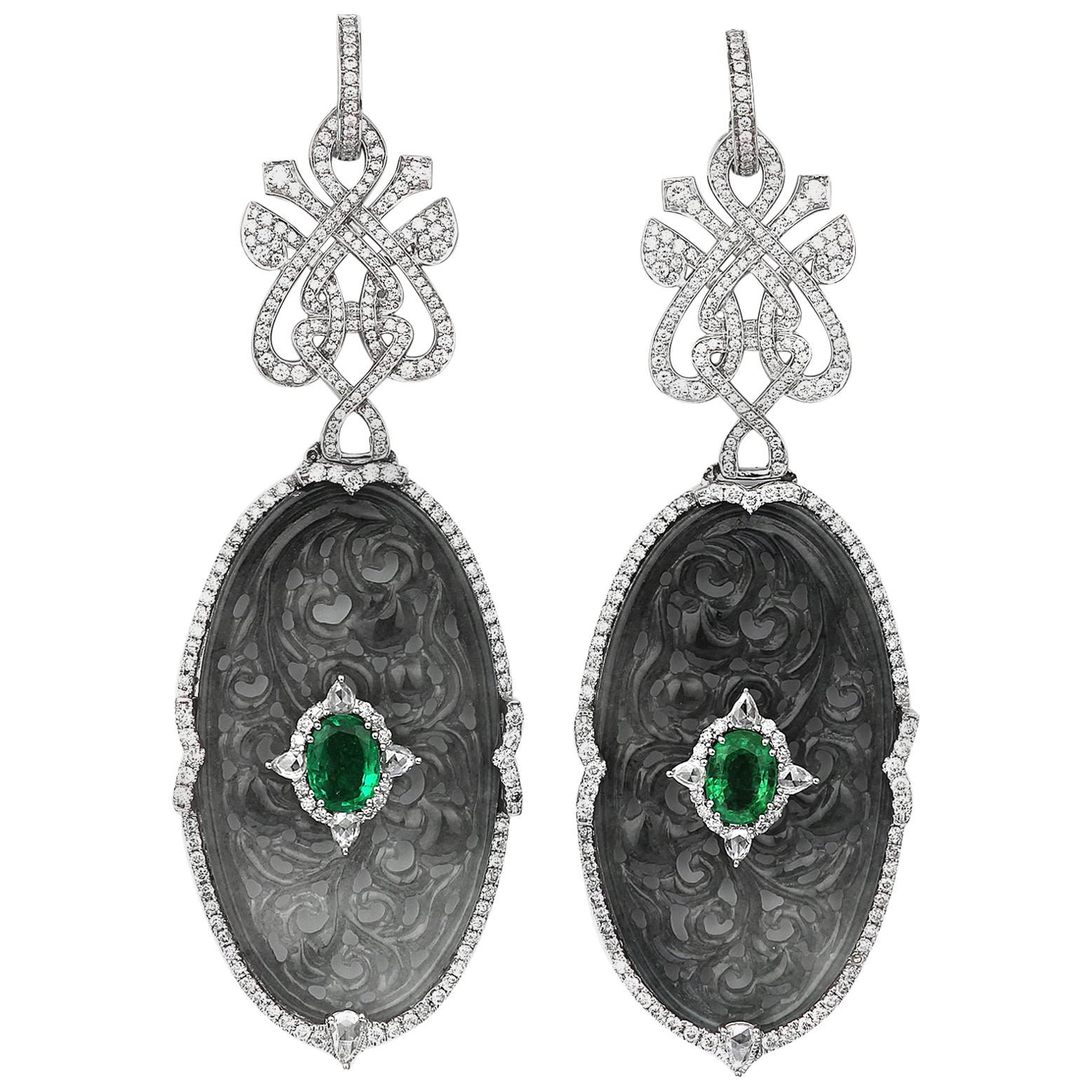 Diamond, Emerald and Curved Jade Drop Earrings/Pendant in 18 Karat White Gold