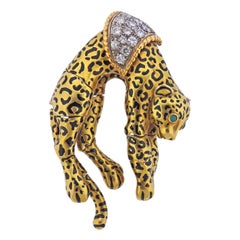 Diamond Emerald and Enamel Gold Panther Pendant Brooch