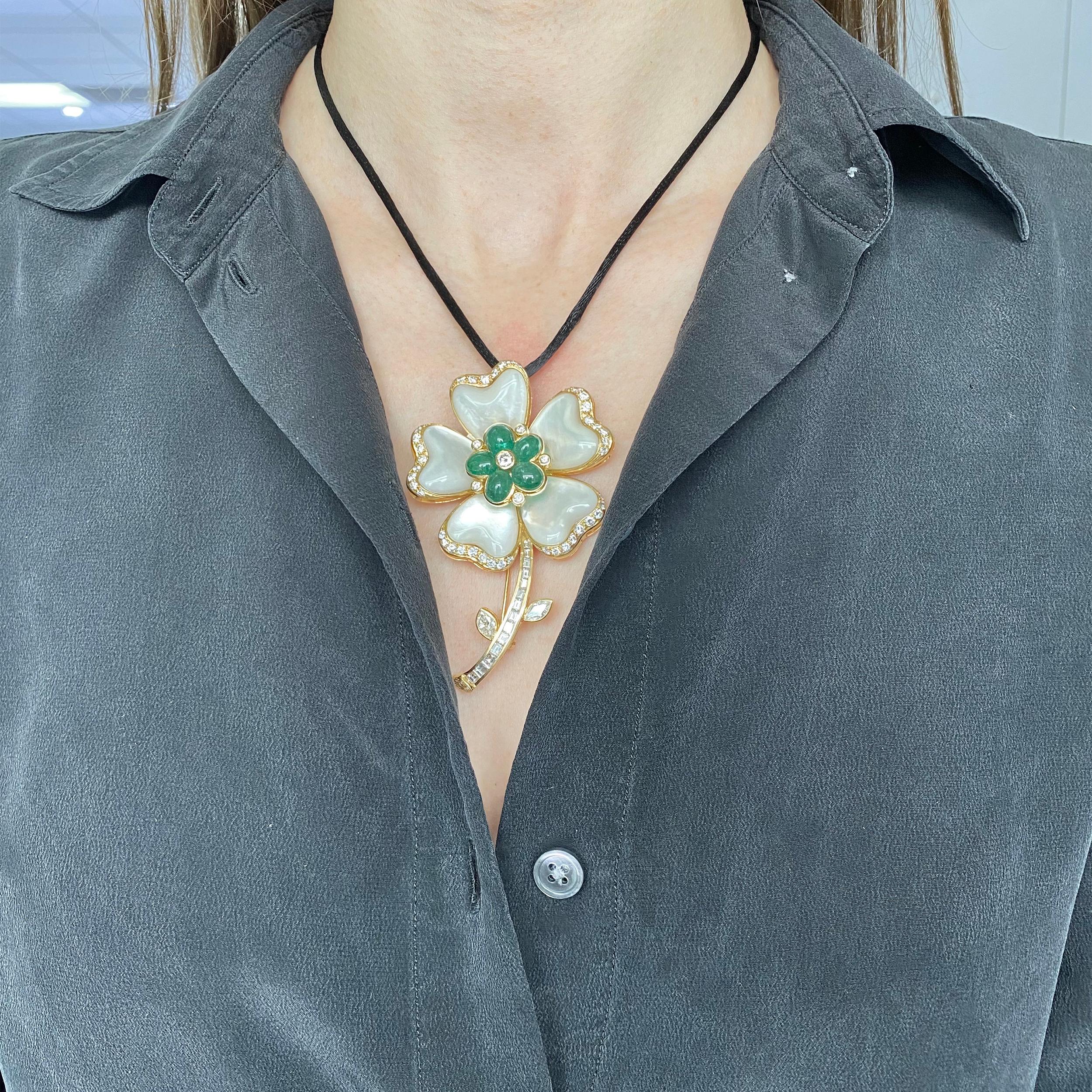 Artist Diamond, Emerald and Mother of Pearl Flower Pendant and Brooch For Sale