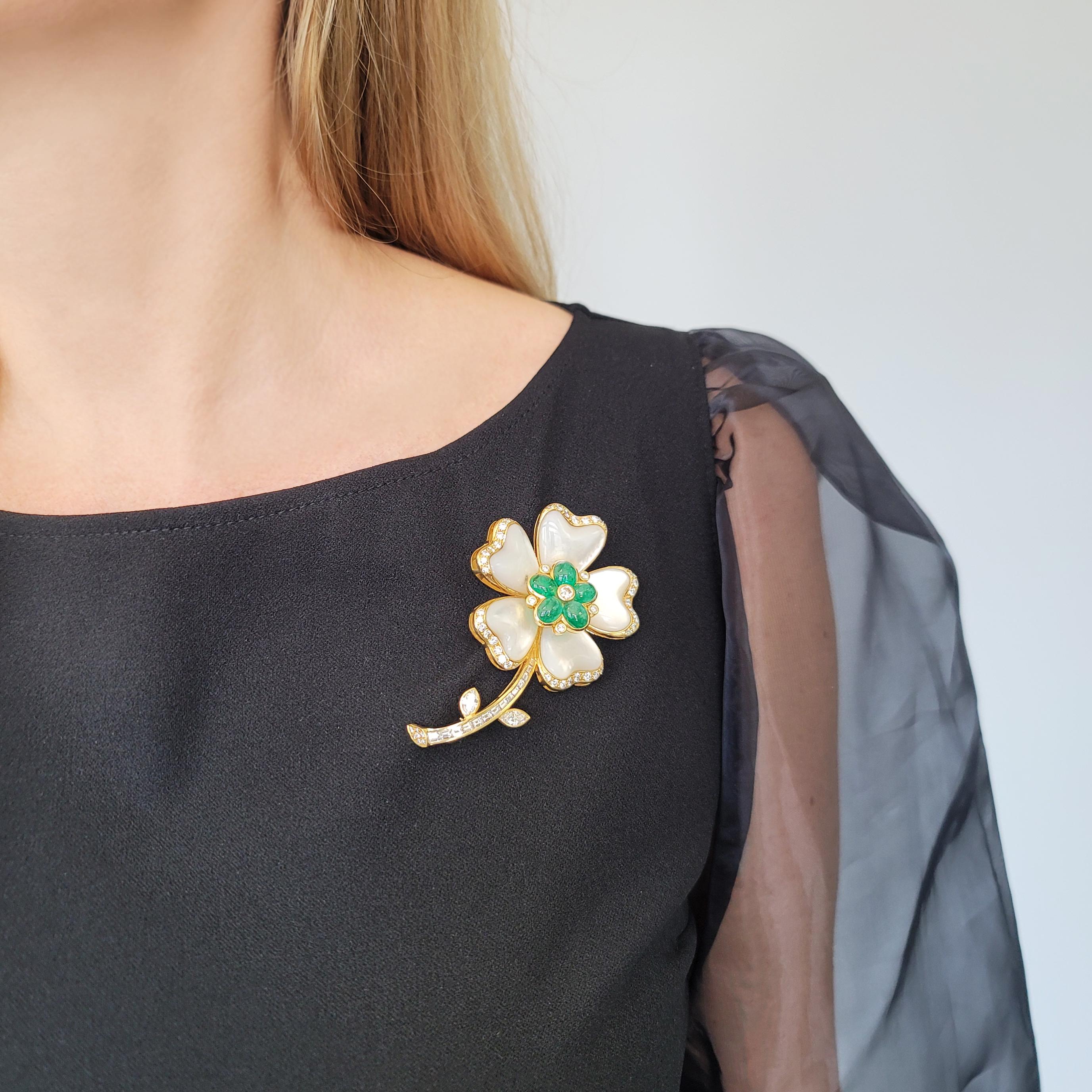 Round Cut Diamond, Emerald and Mother of Pearl Flower Pendant and Brooch For Sale