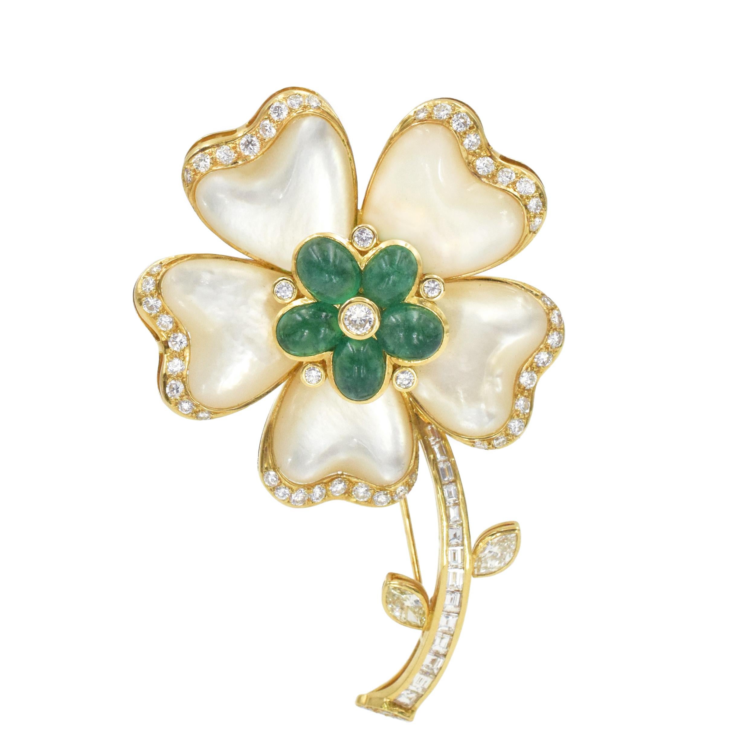 Women's or Men's Diamond, Emerald and Mother of Pearl Flower Pendant and Brooch For Sale