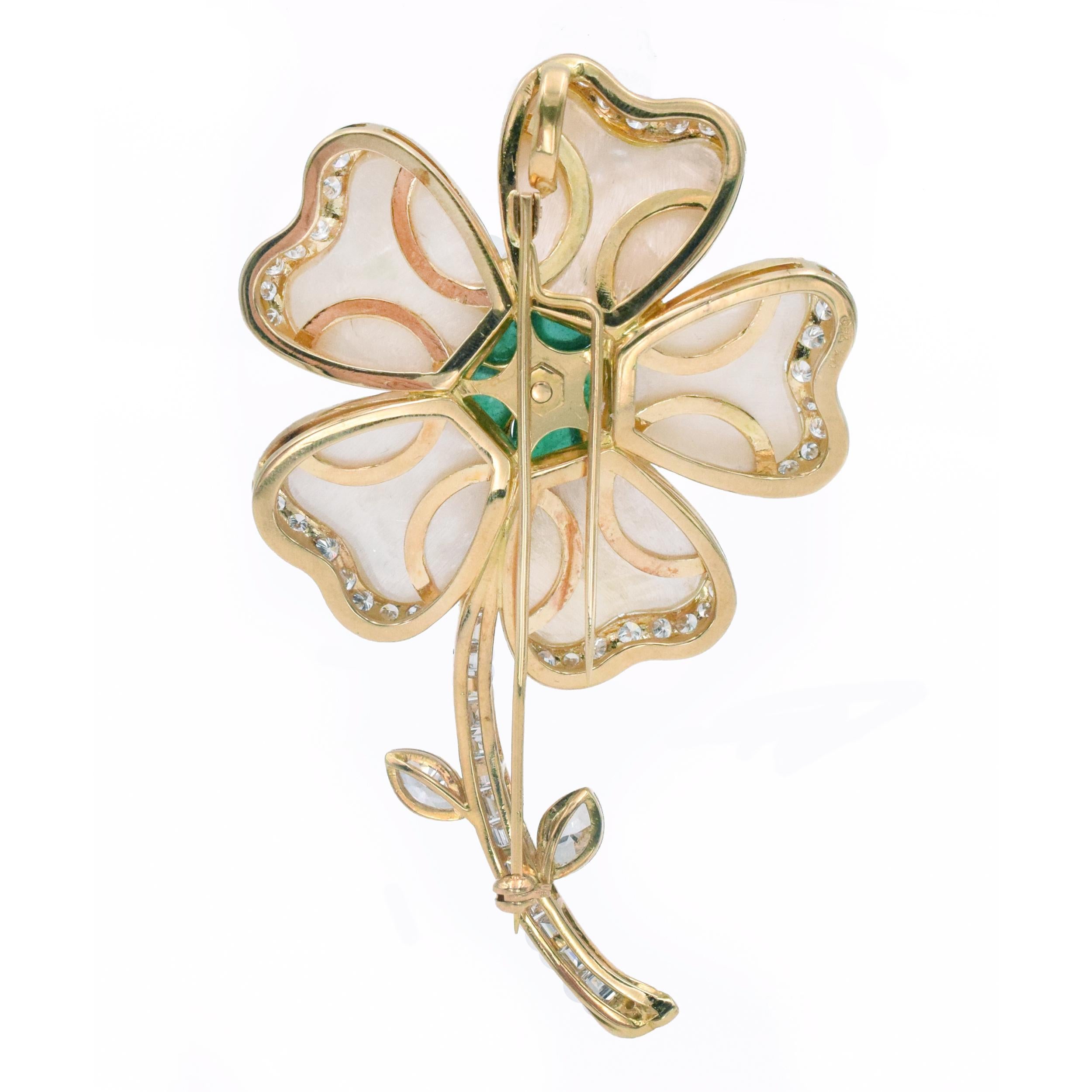 Diamond, Emerald and Mother of Pearl Flower Pendant and Brooch For Sale 1