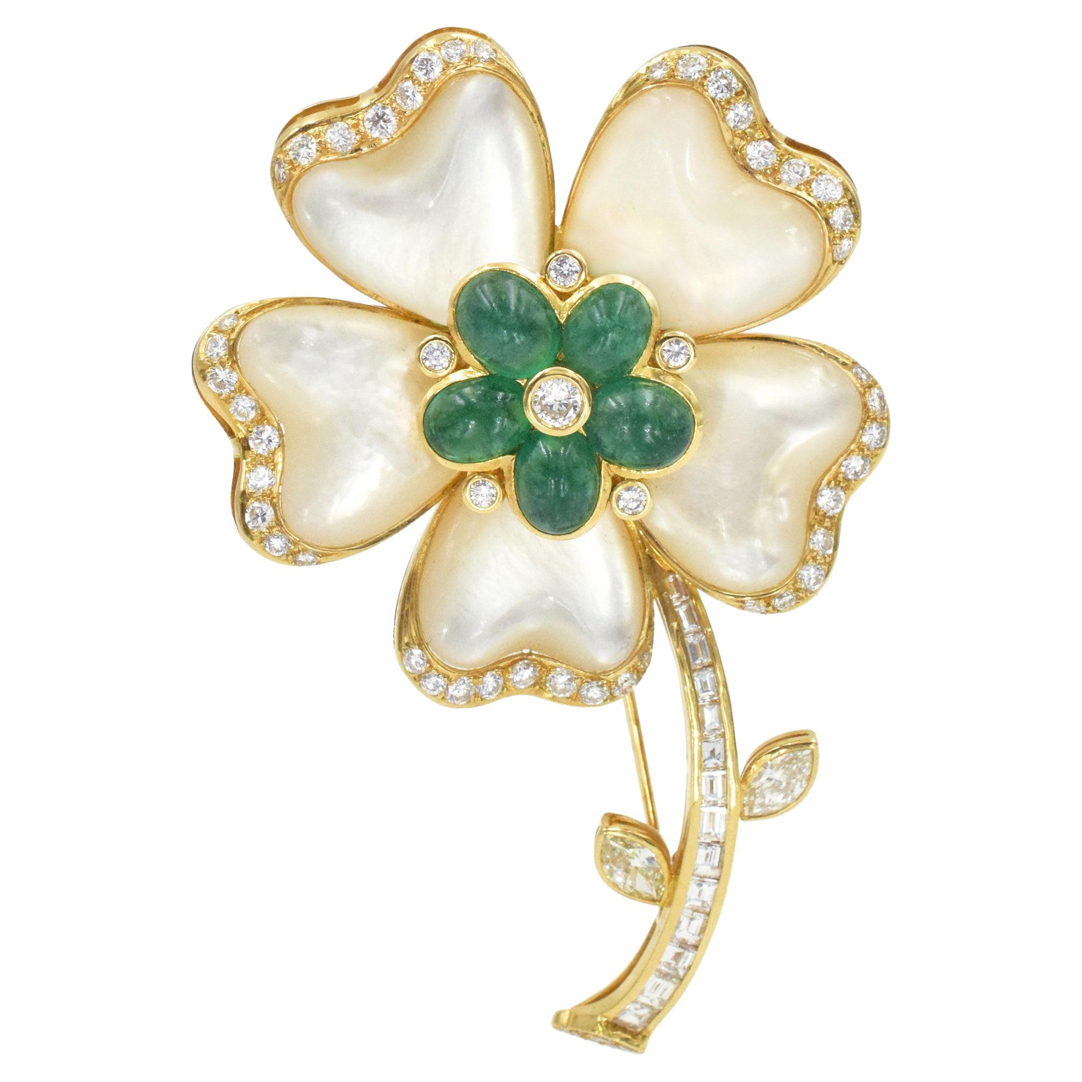 Diamond, Emerald and Mother of Pearl Flower Pendant and Brooch For Sale