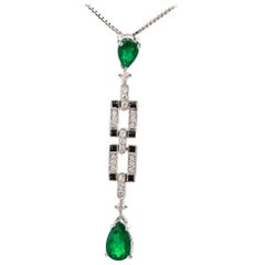 Diamond Emerald and Onyx 18 Karat Gold Drop Pendant
