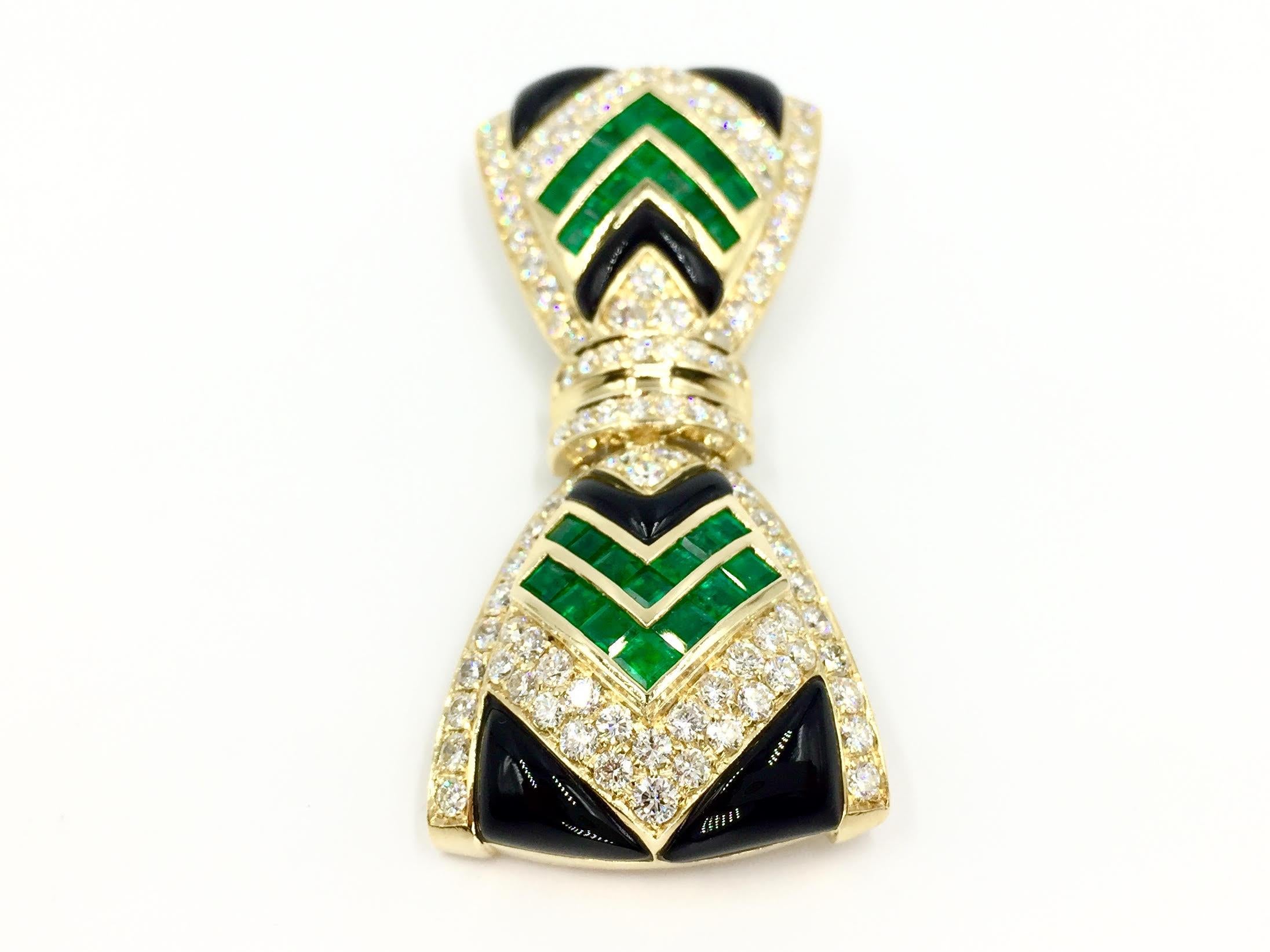 Art Deco Diamond, Emerald and Onyx 18 Karat Large Bow Brooch by Giovane For Sale