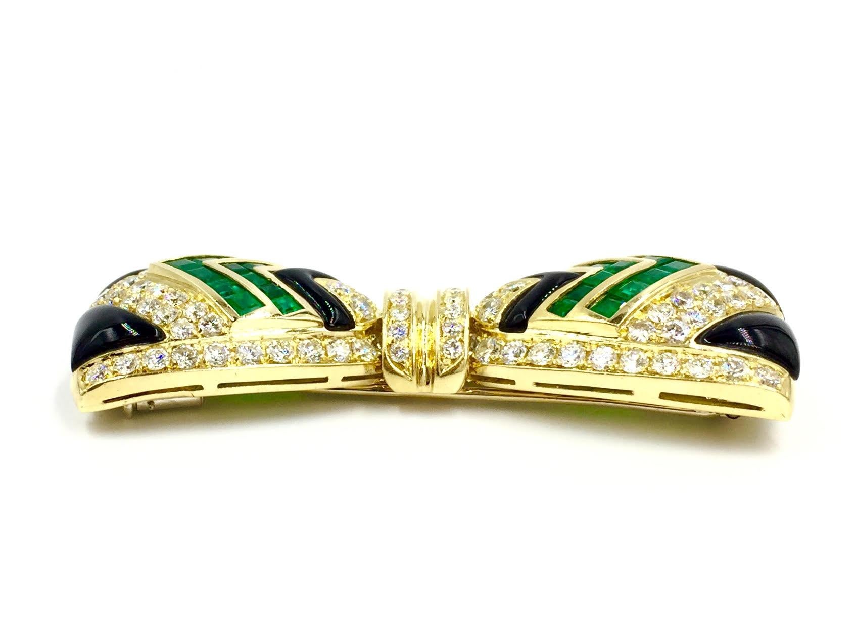 Diamond, Emerald and Onyx 18 Karat Large Bow Brooch by Giovane In Excellent Condition For Sale In Pikesville, MD