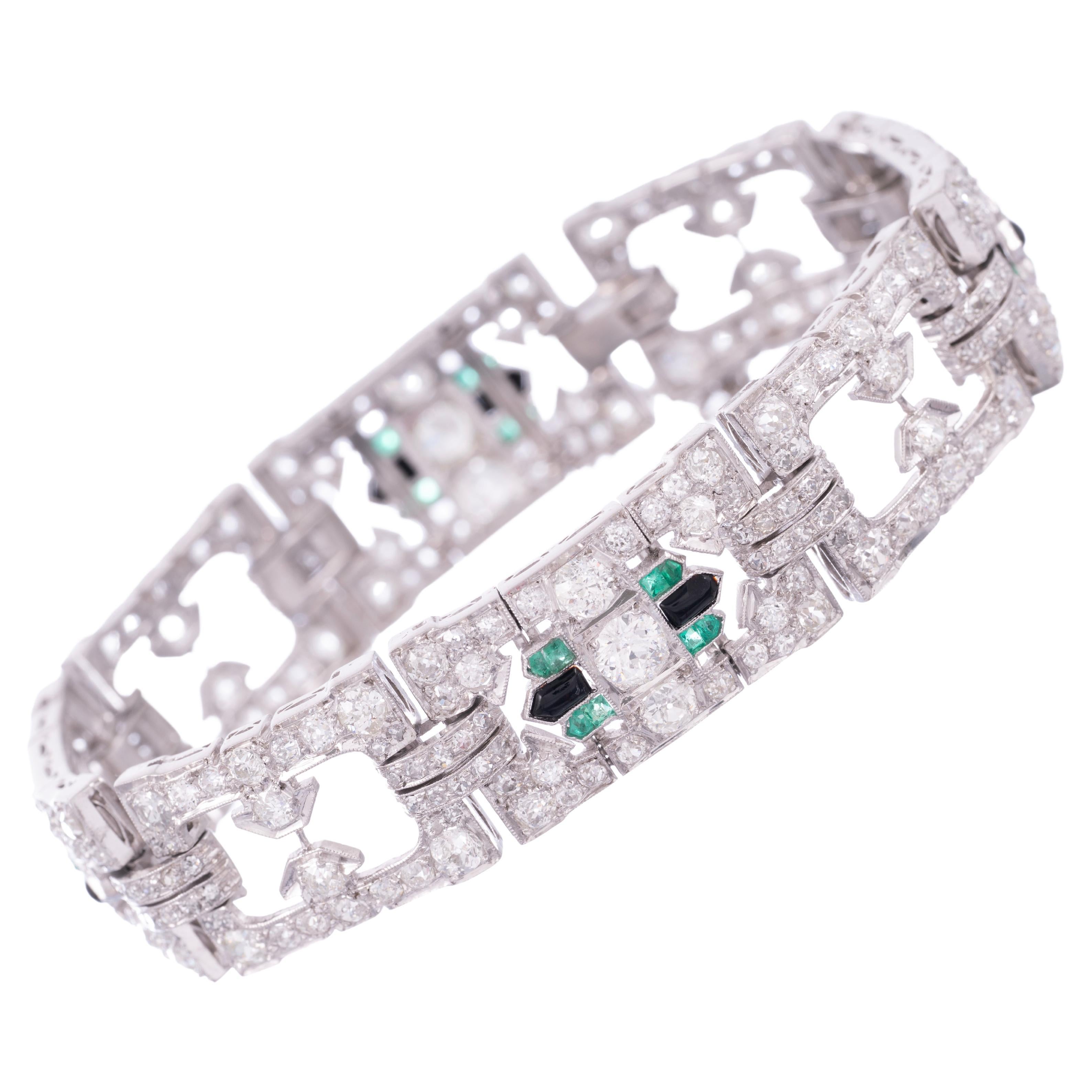 Diamond, Emerald, and Onyx Art Deco Platinum Bracelet Circa 1930