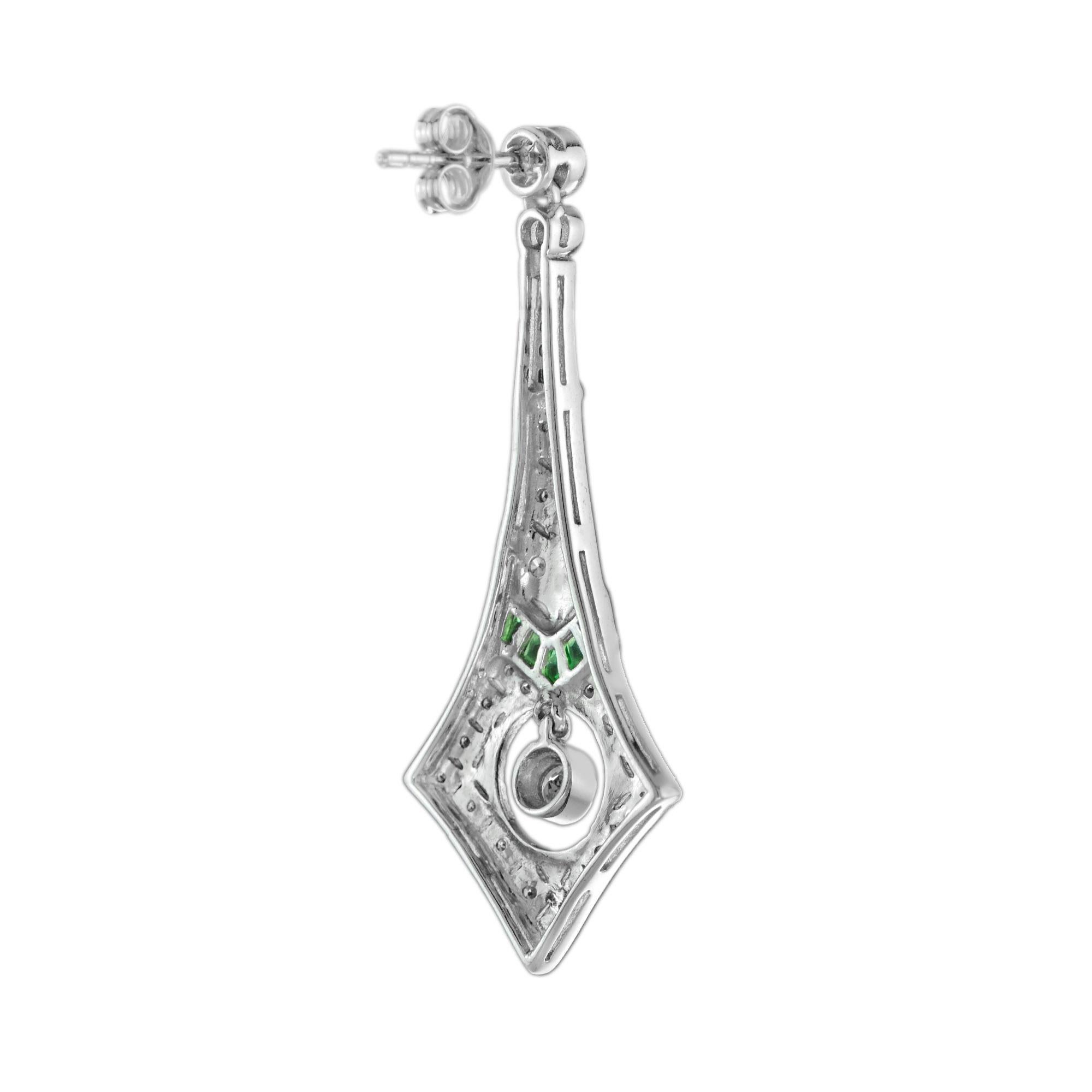 Round Cut Diamond & Emerald and Onyx Art Deco Style Drop 14K White Gold Earrings For Sale