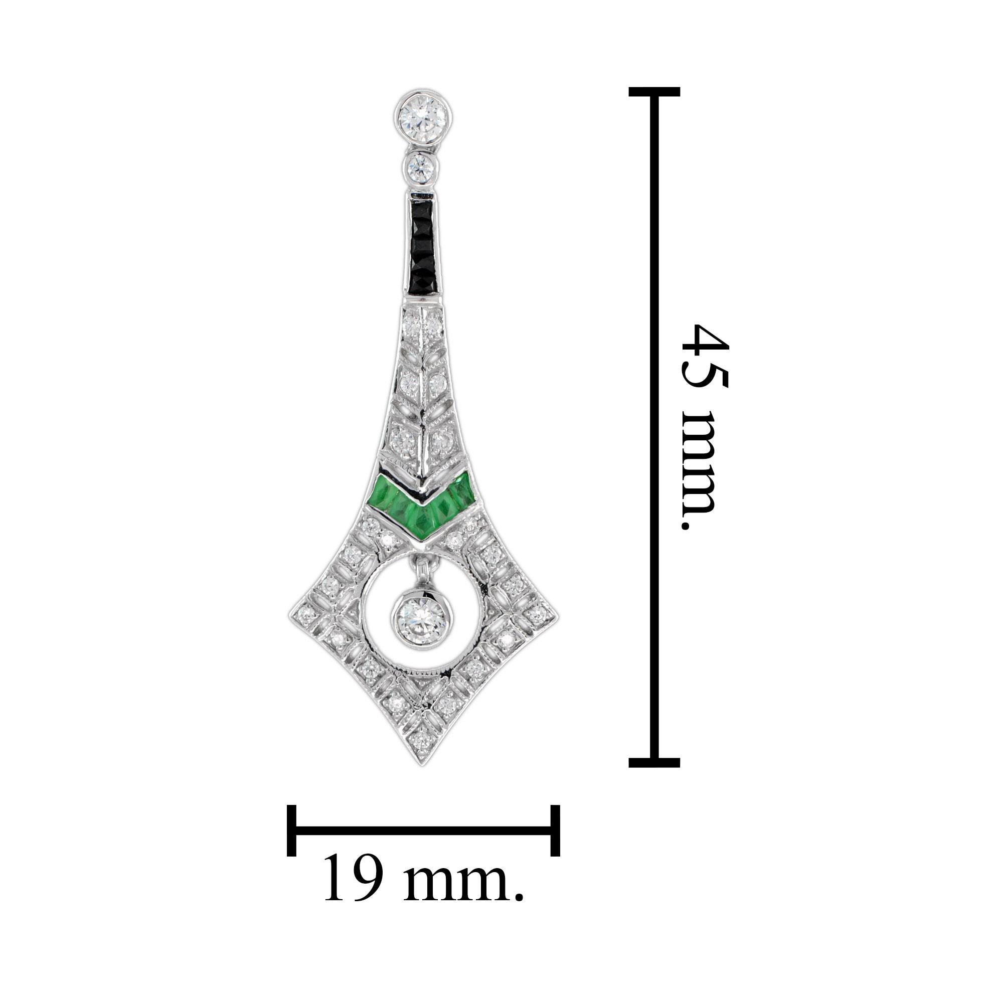 Diamond & Emerald and Onyx Art Deco Style Drop 14K White Gold Earrings In New Condition For Sale In Oakton, VA