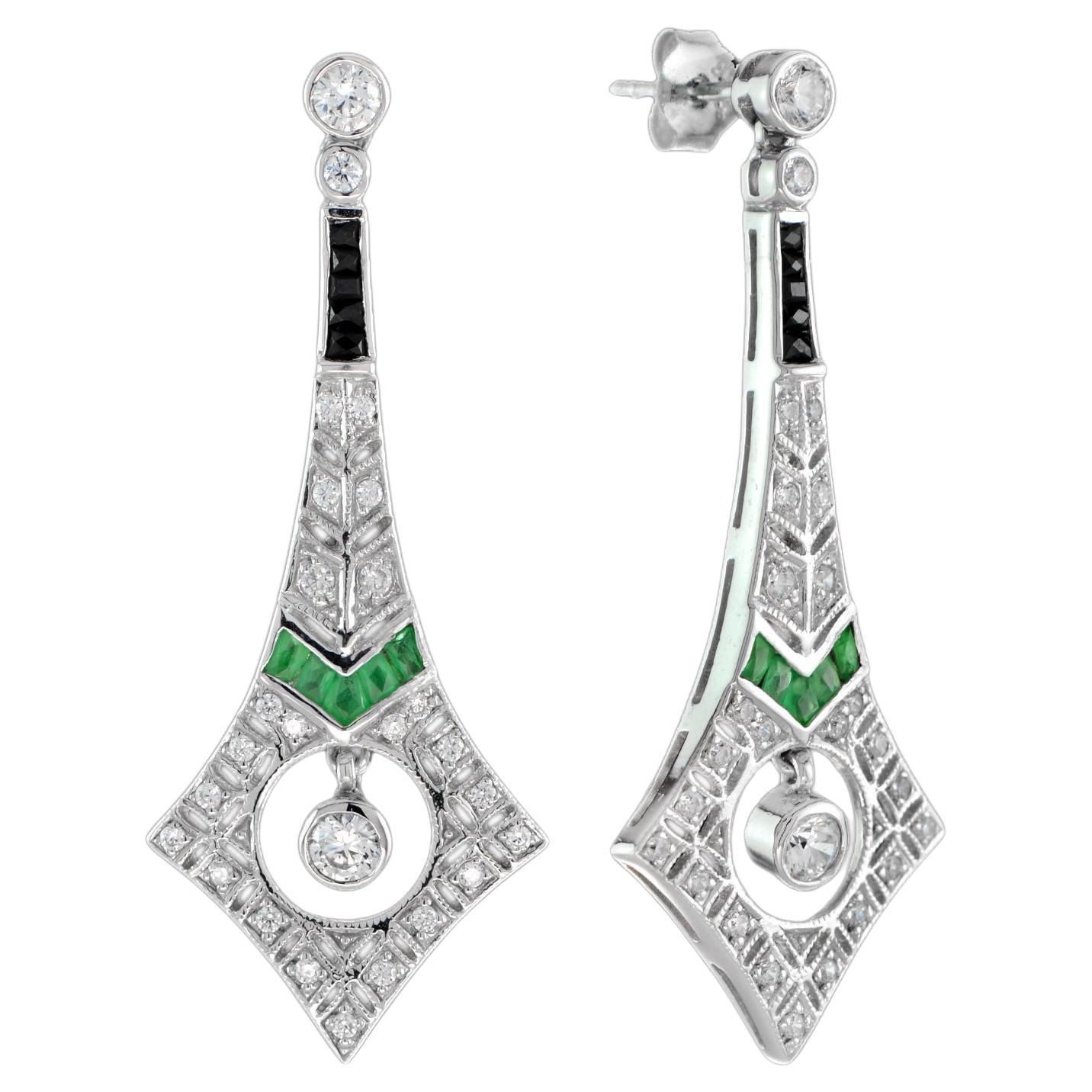 Diamond & Emerald and Onyx Art Deco Style Drop 14K White Gold Earrings