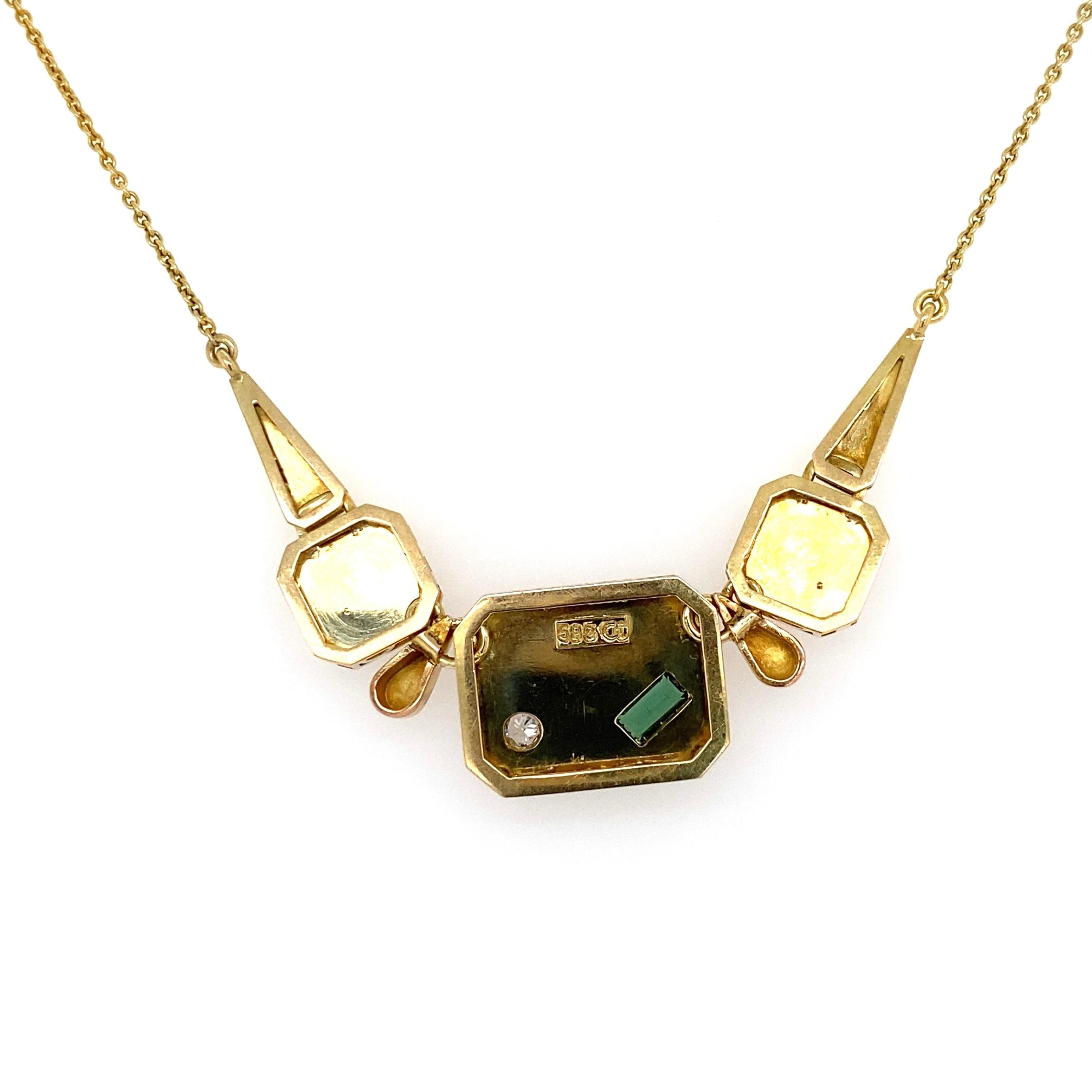 Mixed Cut Diamond Emerald and Pearl Touch of Modern Gold Necklace For Sale