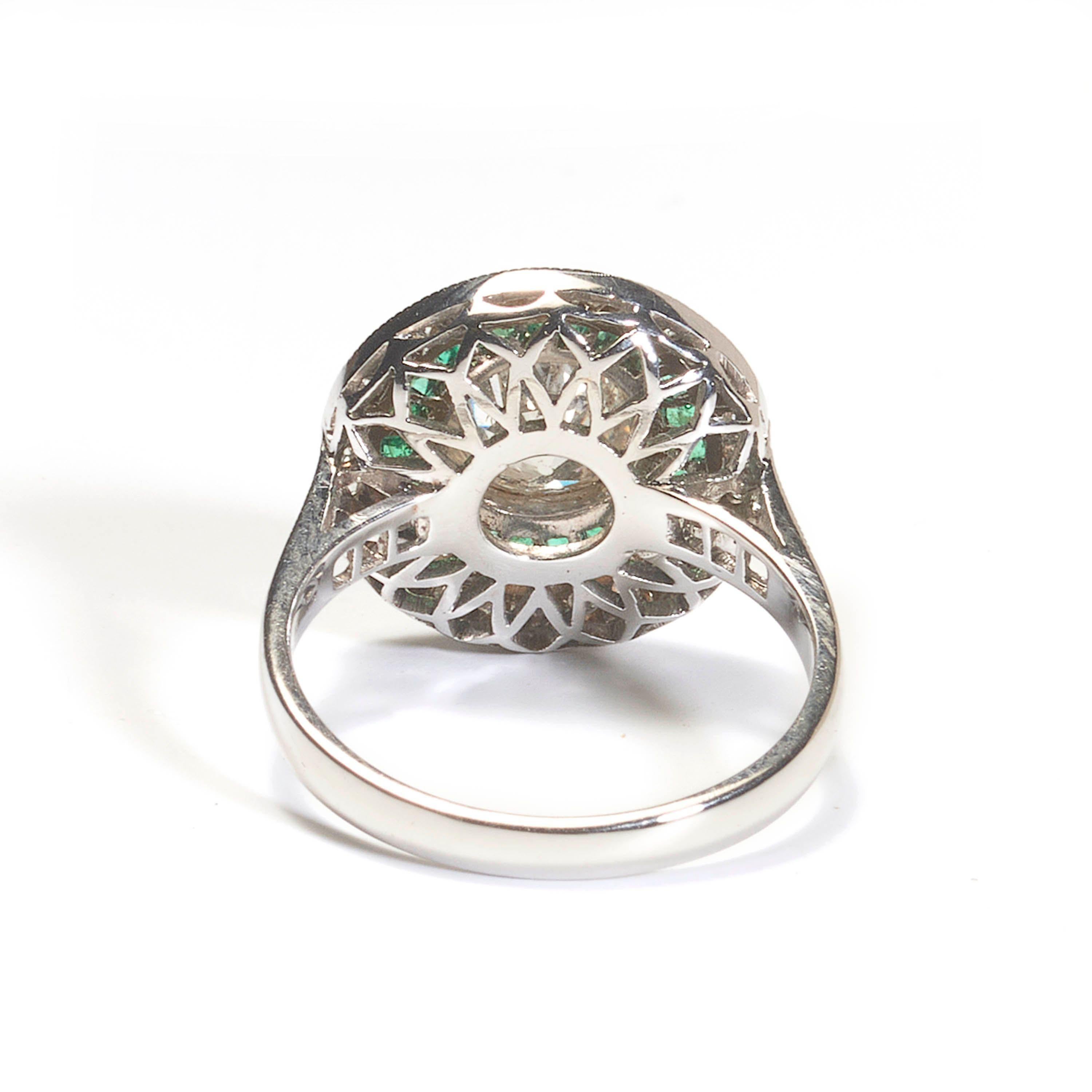 Old European Cut Diamond, Emerald and Platinum Target Ring, 1.29 Carats