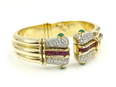 Diamond, Emerald and Ruby 18 Karat Wide Cuff Bracelet