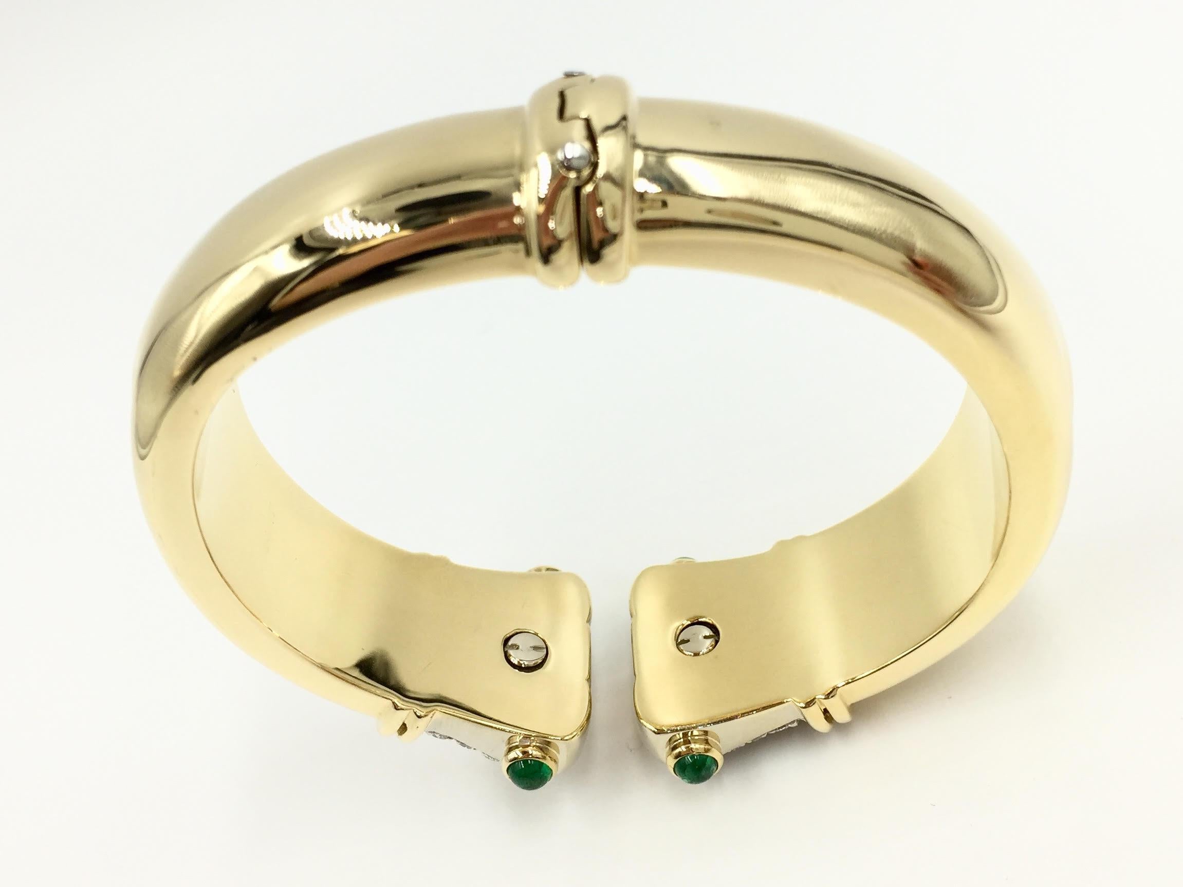Women's Diamond, Emerald and Ruby 18 Karat Wide Cuff Bracelet For Sale