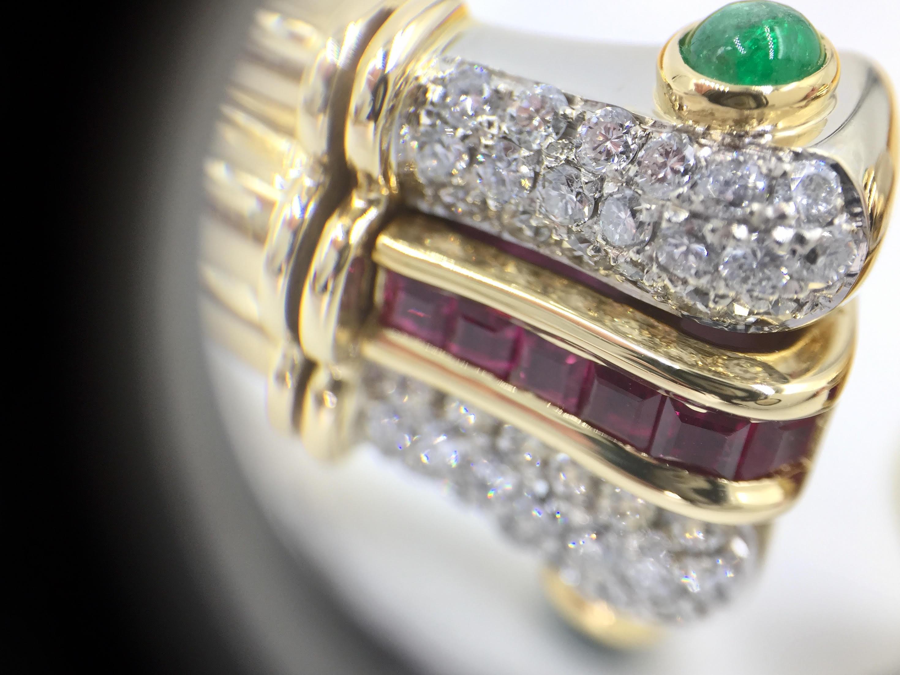 Diamond, Emerald and Ruby 18 Karat Wide Cuff Bracelet For Sale 2