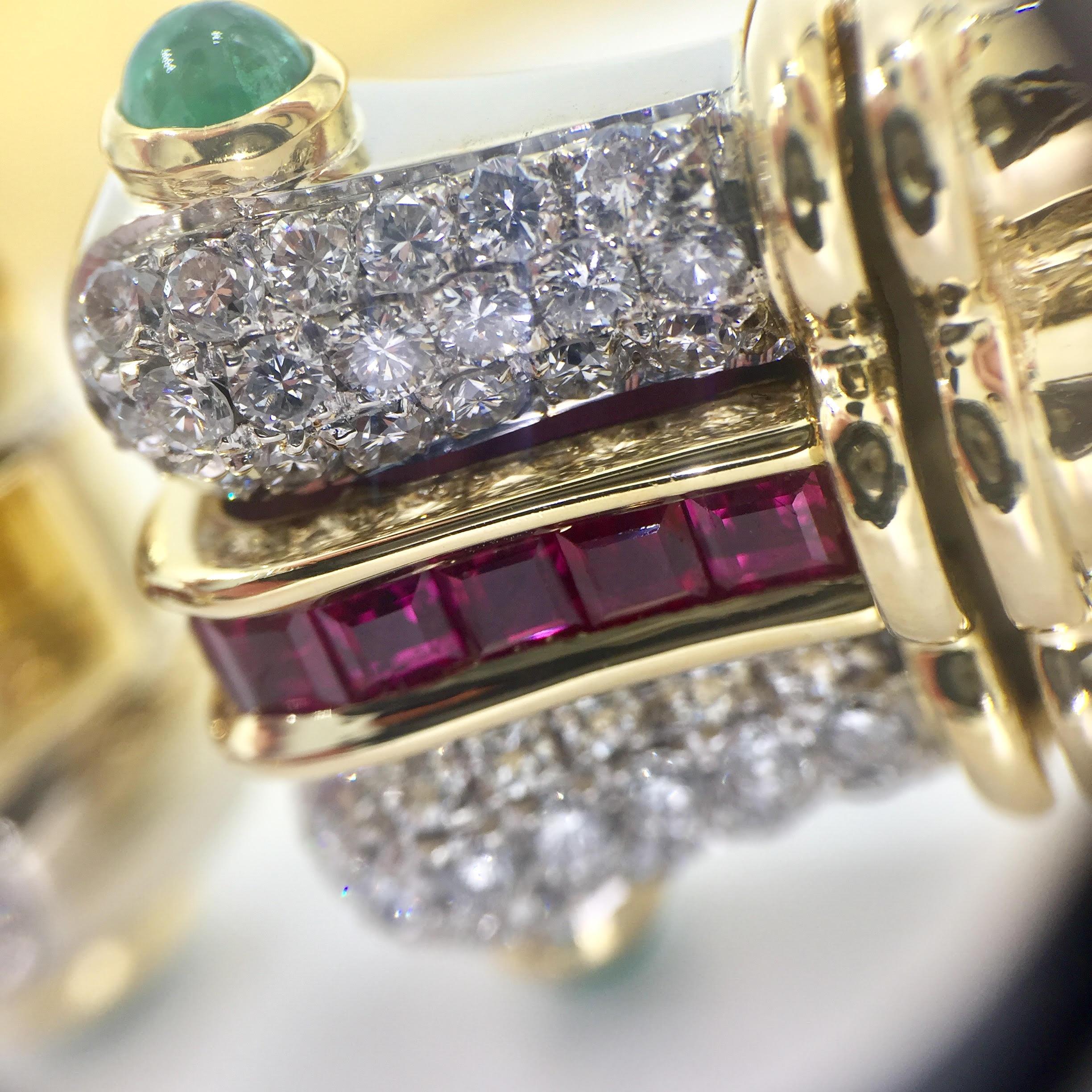 Diamond, Emerald and Ruby 18 Karat Wide Cuff Bracelet For Sale 3