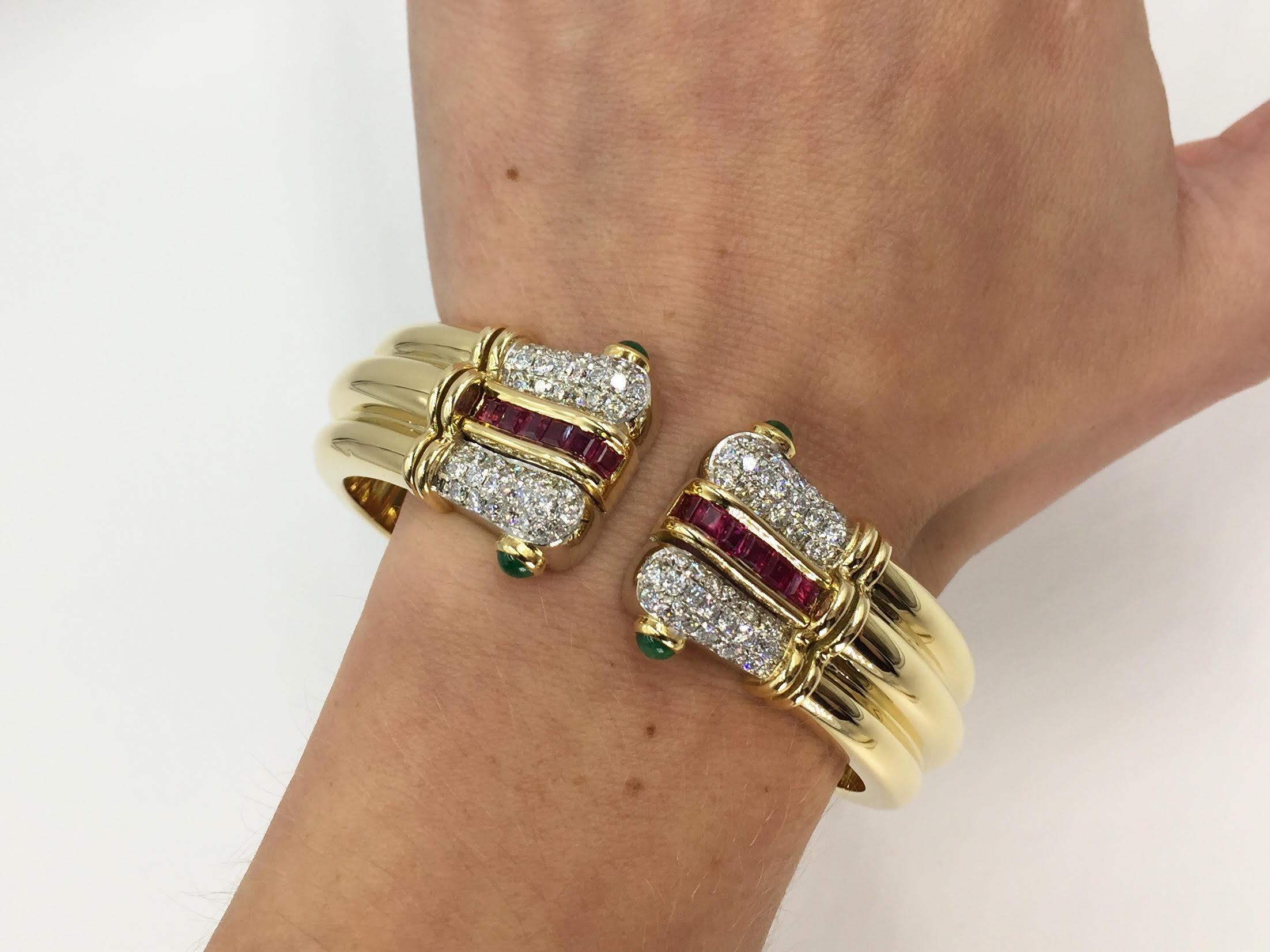 Diamond, Emerald and Ruby 18 Karat Wide Cuff Bracelet For Sale 4
