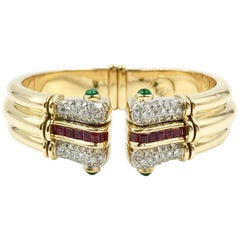 Diamond, Emerald and Ruby 18 Karat Wide Cuff Bracelet