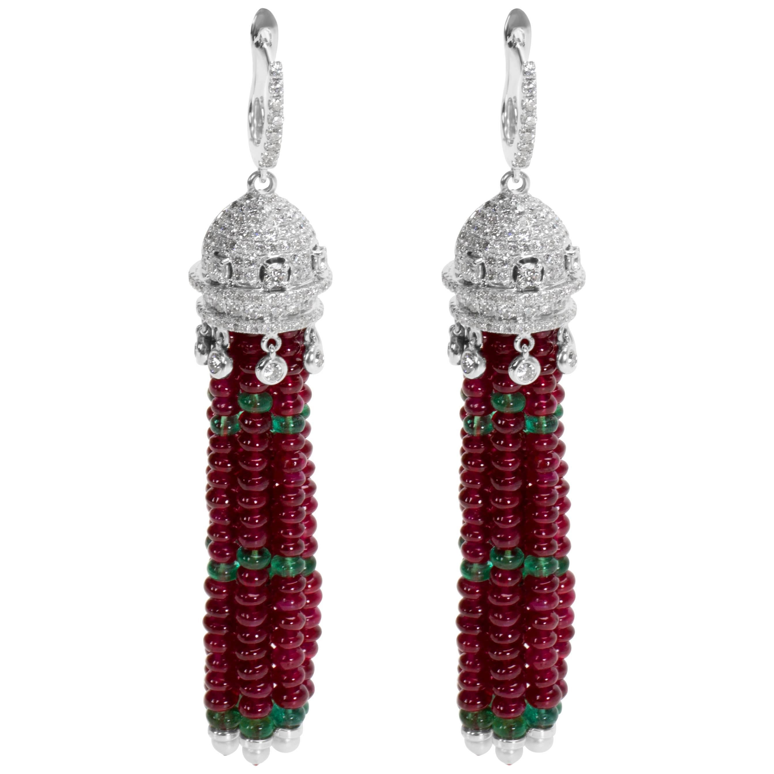 Diamond Emerald and Ruby Beads Drop Earrings in 18 Karat Gold 1.89 Carat